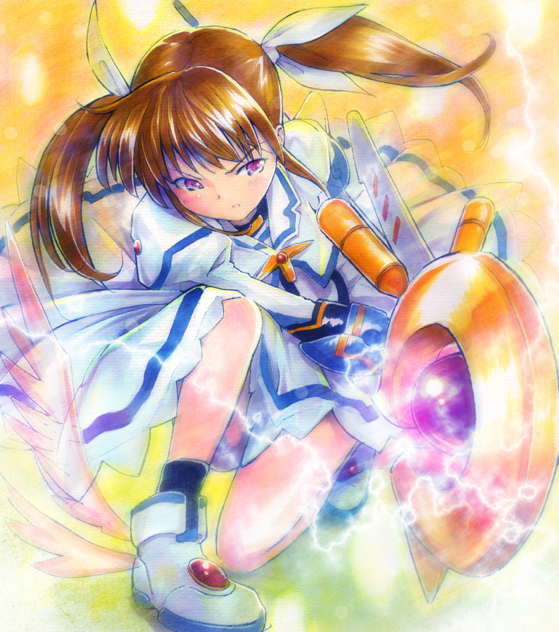 mayo riyo, raising heart, raising heart (device mode) (1st), takamachi nanoha, takamachi nanoha (movie 1st mode), lyrical nanoha, mahou shoujo lyrical nanoha, mahou shoujo lyrical nanoha the movie 1st, bad id, bad pixiv id, marker (medium), pastel (medium), traditional media, 10s, boots, brown hair, foreshortening, hair ribbon, magic, purple eyes, ribbon, socks, solo, twintails, wings