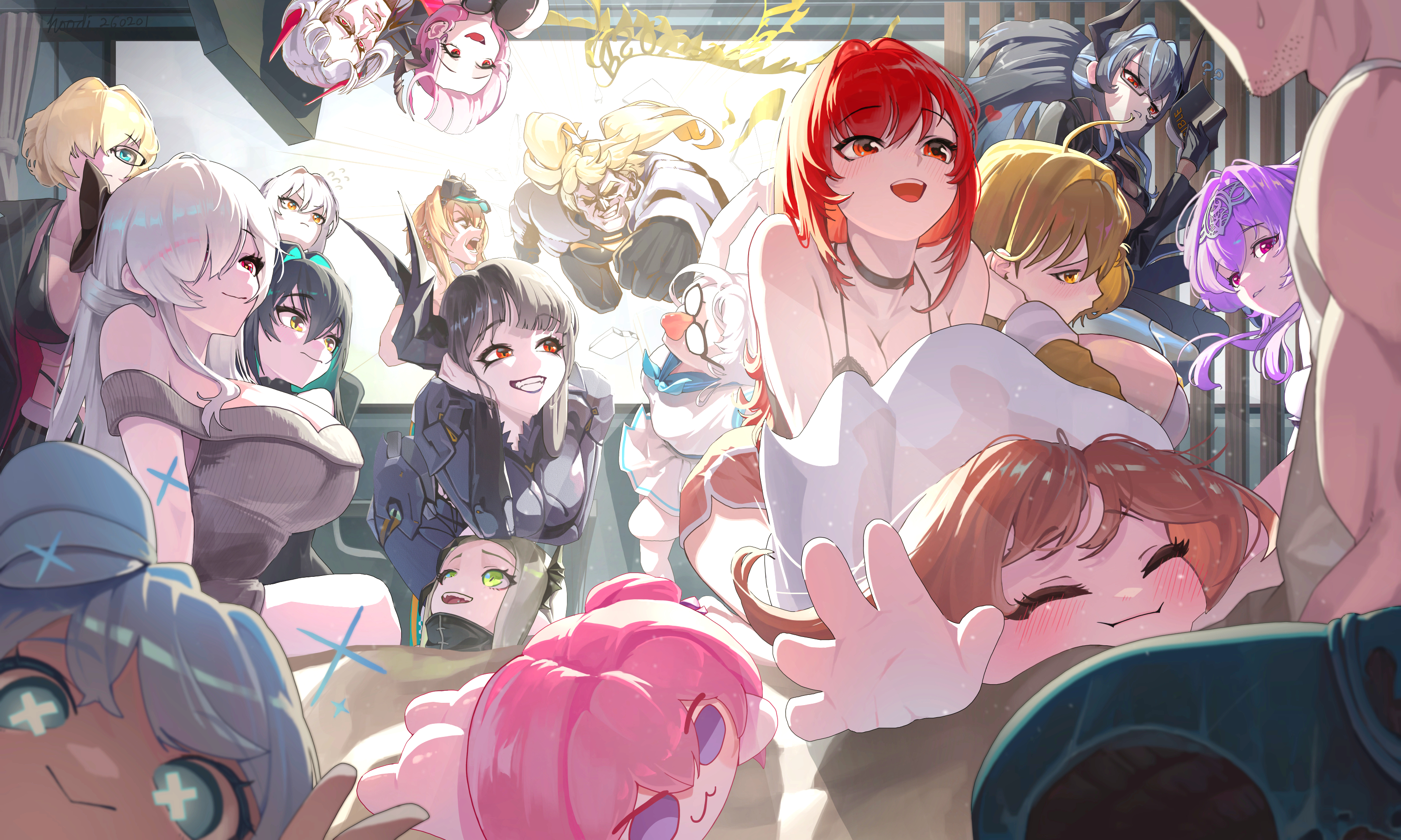 95hoody, anis (nikke), bahamut (nikke), behemoth (nikke), cinderella (beautiful me) (nikke), cinderella (nikke), commander (nikke), doro (nikke), drake (nikke), grave (beautiful you) (nikke), grave (nikke), laplace (nikke), leviathan (nikke), liberalio (nikke), little mermaid (beautiful bubble) (nikke), little mermaid (nikke), maxwell (nikke), mori (nikke), neon (nikke), only one (nikke), pinocchio (nikke), rapi (nikke), rapi (red hood) (cherished red) (nikke), rapi (red hood) (nikke), ziz (nikke), goddess of victory: nikke, commentary, english commentary, highres, 1boy, 6+girls, :>, :3, ahoge, aqua hair, black bra, black choker, black gloves, black horns, black liquid, blonde hair, bra, breasts, brown hair, choker, cleavage, closed eyes, closed mouth, collarbone, colored inner hair, counters (nikke), dongtan dress, dress, four beasts (nikke), fourth wall, glasses, gloves, green eyes, grey dress, grey hair, heretics (nikke), horns, large breasts, liquid clothes, long hair, matis (nikke), multicolored hair, multiple girls, muscular, muscular male, official alternate costume, official alternate hairstyle, old tales (nikke), open mouth, out of frame, purple eyes, red eyes, smile, symbol-shaped pupils, underwear, x x, yellow eyes