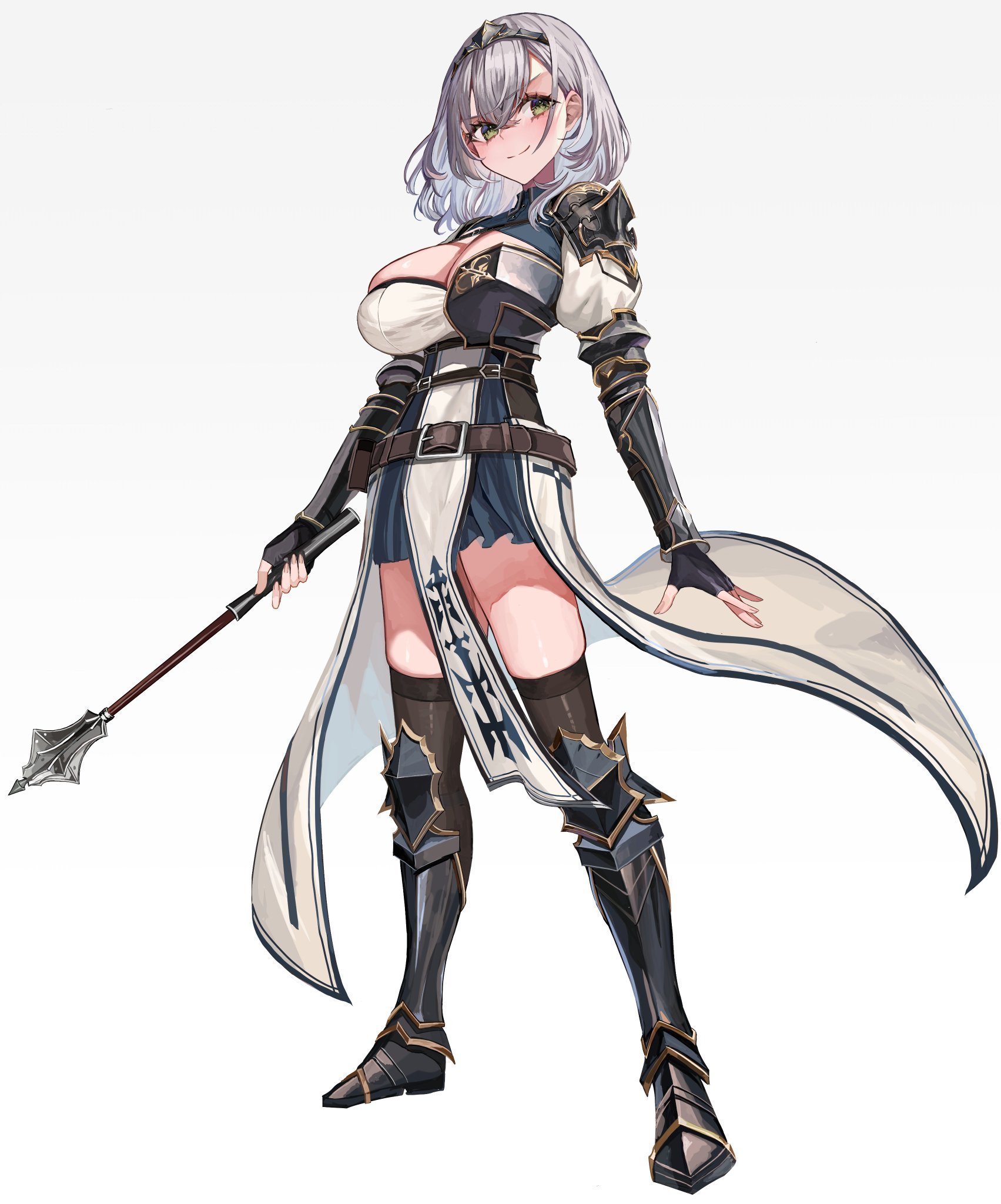 rum raisin (chihiromakita19), shirogane noel, shirogane noel (1st costume), hololive, commentary request, highres, 1girl, armor, belt, black gloves, black thighhighs, blue dress, breasts, chest guard, collared dress, crossed bangs, dress, fingerless gloves, flanged mace, full body, gloves, greaves, green eyes, grey hair, hair between eyes, half chest guard, holding, holding mace, holding weapon, large breasts, leather belt, mace, pleated dress, short hair, simple background, smile, solo, standing, thighhighs, vambraces, virtual youtuber, weapon, white background, wrist guards