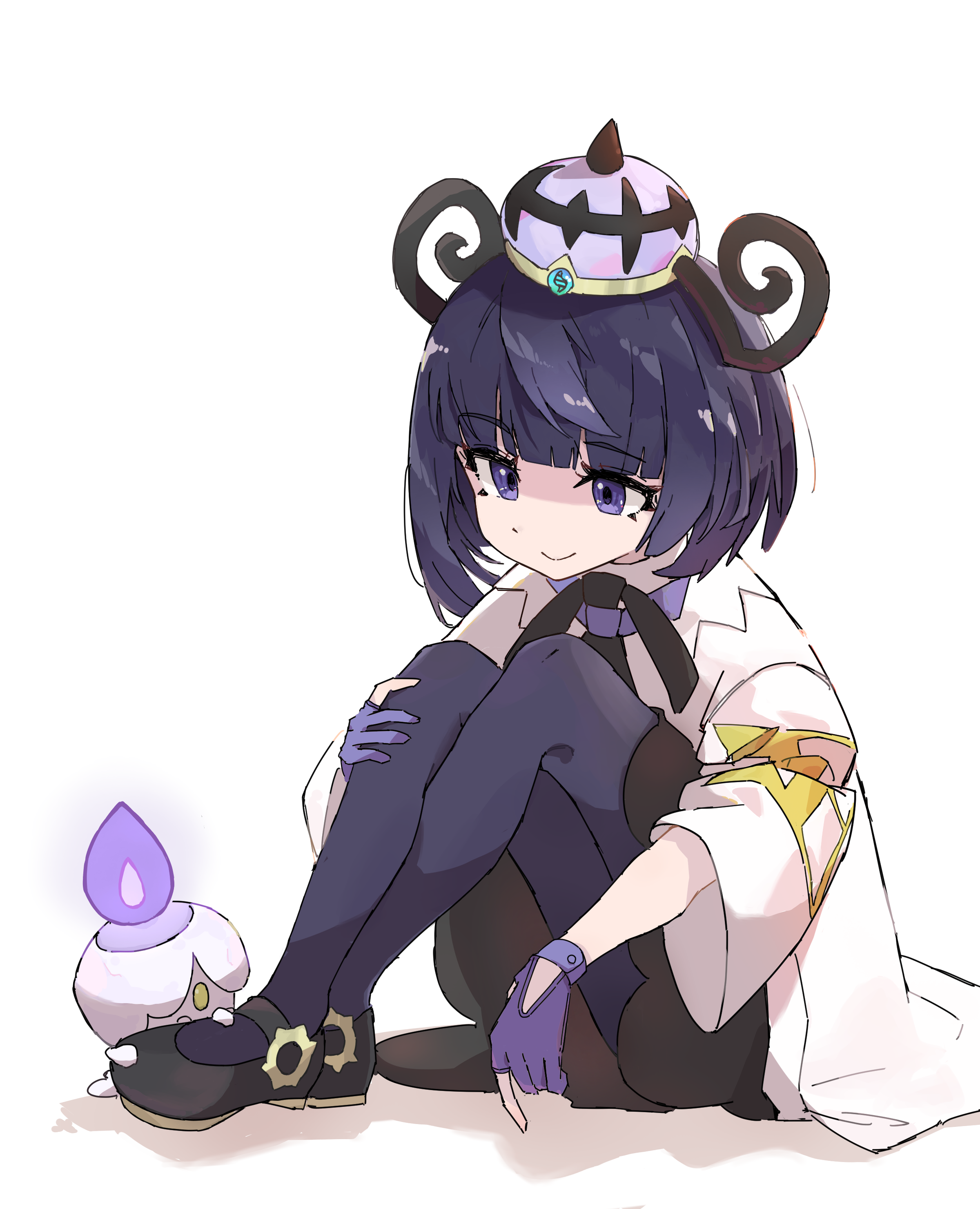 pokeseru, gwynn (pokemon), litwick, nintendo, pokemon, pokemon legends: z-a, absurdres, commentary, highres, 1girl, black dress, black shoes, blunt bangs, bob cut, closed mouth, coat, dress, eyelashes, full body, gen 5 pokemon, gloves, hat, long sleeves, looking at another, mega stone, open clothes, open coat, pantyhose, partially fingerless gloves, pokemon (creature), purple gloves, purple pantyhose, shoes, sitting, smile, white background, wide sleeves