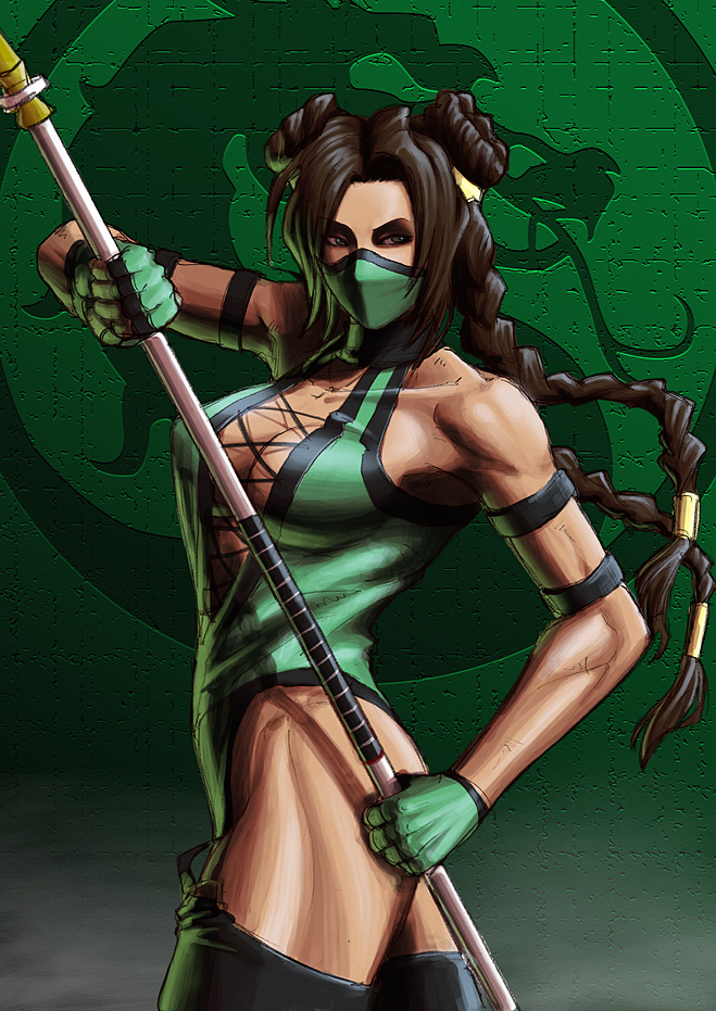 makeinu, jade (mortal kombat), midway, mortal kombat (series), 1girl, braid, breasts, brown hair, cleavage, dark-skinned female, dark skin, female focus, gloves, green eyes, green theme, half mask, large breasts, long hair, looking at viewer, mask, no bra, solo, staff, thighhighs, twin braids