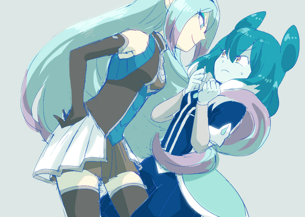 hidaring, hilary flail, powai pichori, inazuma eleven (series), inazuma eleven go, inazuma eleven go galaxy, commentary, 2girls, alien, black gloves, black skirt, black thighhighs, blue background, blue bodysuit, blue eyes, blue hair, blue skin, bodysuit, colored skin, elbow gloves, gloves, hands on own hips, long hair, looking at another, multicolored hair, multiple girls, pleated skirt, pointy ears, purple eyes, purple hair, sazanaara eleven, skirt, thighhighs, very long hair