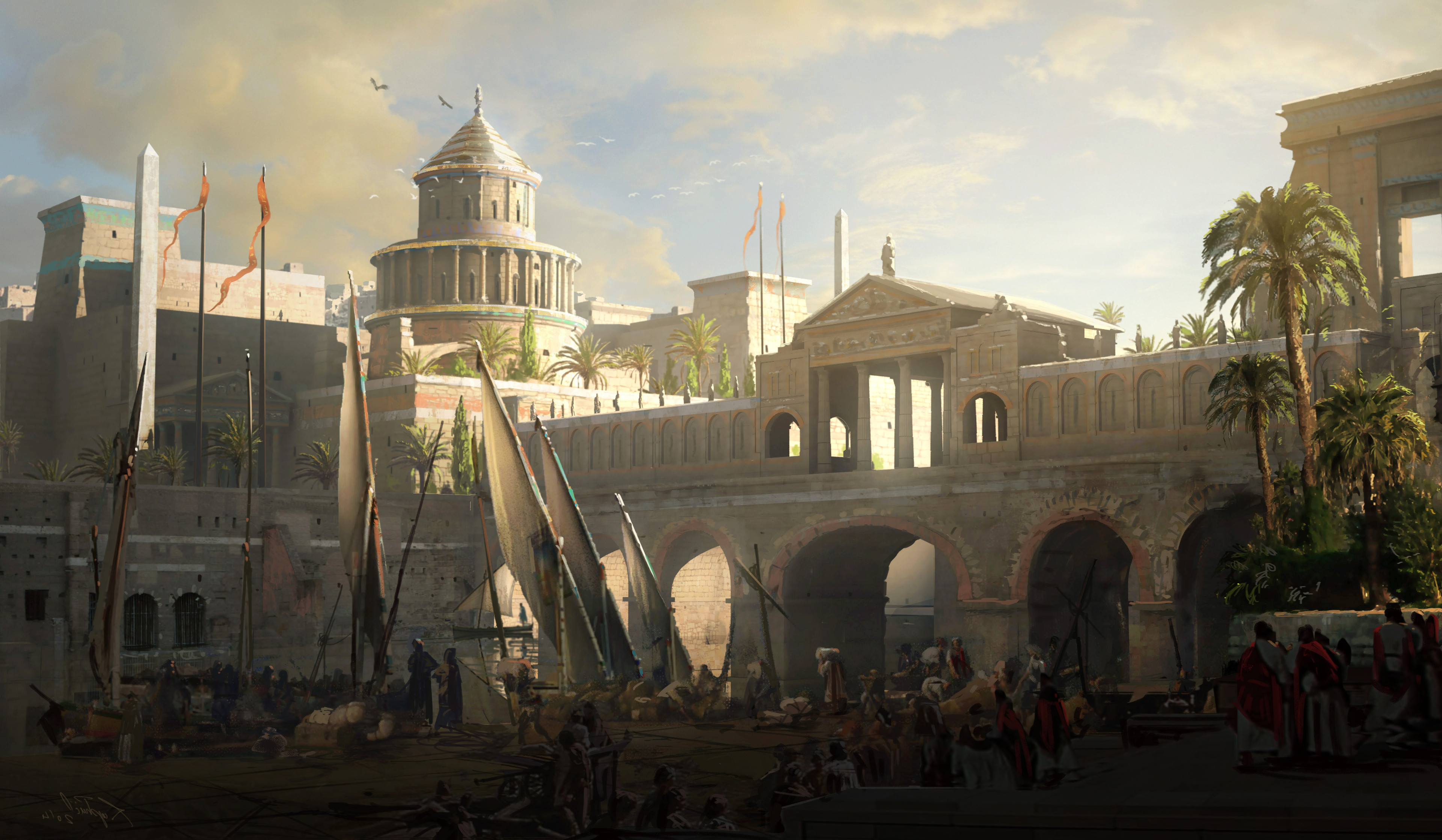 raphael-lacoste, assassin's creed: origins, assassin's creed (series), absurdres, commentary, english commentary, highres, ancient egyptian, arch, architecture, blue sky, boat, bridge, building, cloud, cloudy sky, column lineup, dock, flock, greco-roman architecture, greco-roman clothes, obelisk, outdoors, painterly, palm tree, people, river, roman clothes, sail, scenery, sky, sunlight, toga, town, tree, watercraft