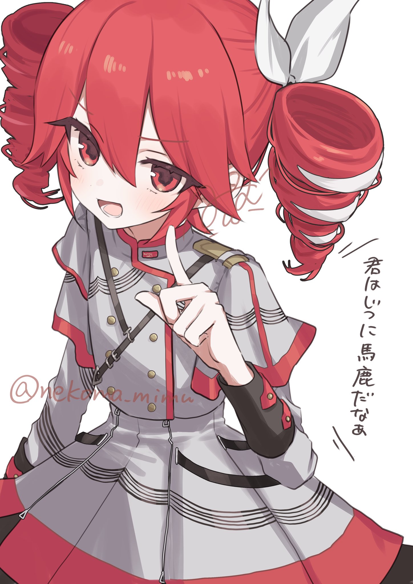 nekoma mimu, kasane teto, kasane teto (sv), synthesizer v, utau, commentary request, highres, translation request, 1girl, bow, chest harness, drill hair, hair bow, hair ribbon, harness, headphones, index finger raised, jacket, long sleeves, looking at viewer, open mouth, red eyes, red hair, ribbon, signature, skirt, sleeve cuffs, smile, solo, twin drills, twitter username, watermark