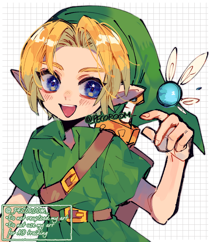 repikinoko, link, navi, young link, nintendo, the legend of zelda, the legend of zelda: ocarina of time, commentary request, 1boy, 1girl, belt, blonde hair, blue eyes, green hat, hat, looking at viewer, male focus, pointy ears, short hair, solo, tunic