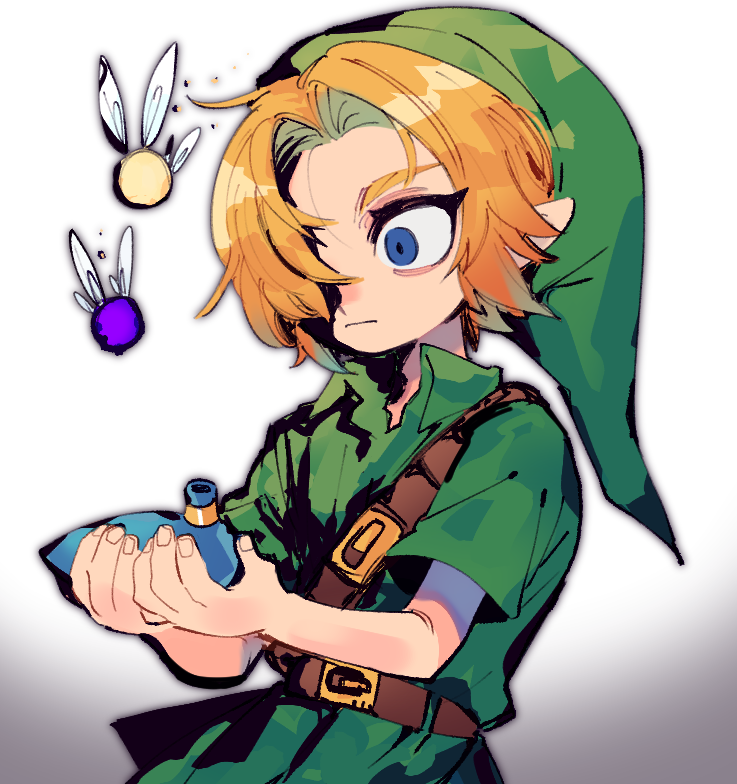 repikinoko, link, navi, young link, nintendo, the legend of zelda, the legend of zelda: ocarina of time, commentary request, 1boy, 1girl, belt, blonde hair, blue eyes, green hat, hat, looking at viewer, male focus, pointy ears, short hair, solo, tunic