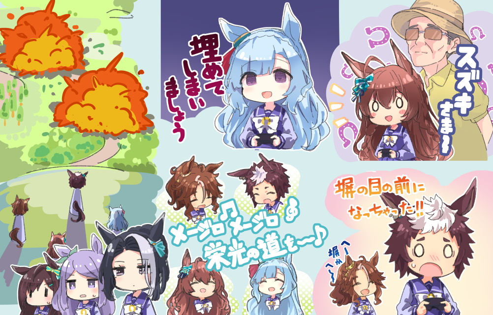 starheart, mejiro ardan (umamusume), mejiro bright (umamusume), mejiro dober (umamusume), mejiro mcqueen (umamusume), mejiro palmer (umamusume), mejiro ramonu (umamusume), mejiro ryan (umamusume), pakatube, umamusume, commentary request, 1boy, 6+girls, ahoge, animal ears, blue hair, blush, braid, empty eyes, explosion, hair between eyes, hair ornament, hat, horse ears, horse girl, looking at viewer, mejiro family (umamusume), multiple girls, old, old man, playing games, purple eyes, school uniform, side braids, sweatdrop
