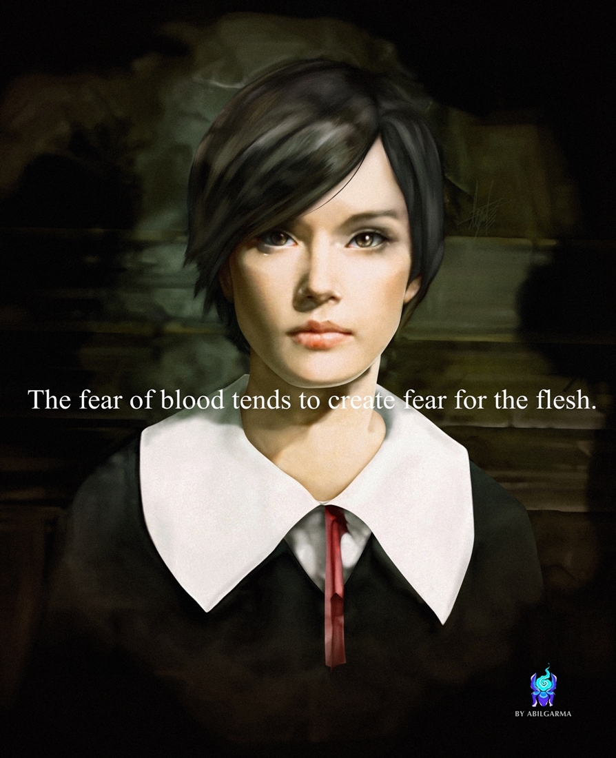 alessa gillespie, konami, silent hill (series), silent hill 1, painting (medium), traditional media, 1girl, black hair, brown background, brown eyes, closed mouth, english text, expressionless, lips, painterly, portrait, realistic, school uniform, short hair, signature, yomi abilgarma