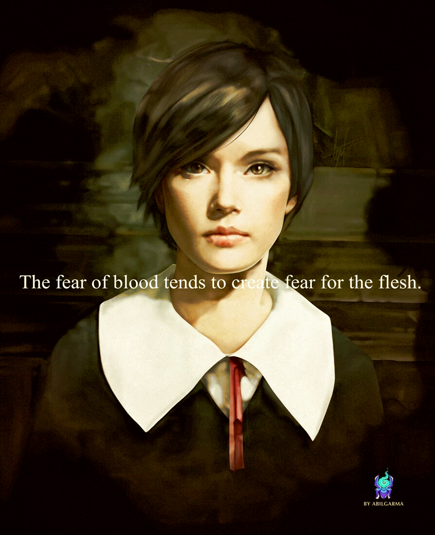 alessa gillespie, konami, silent hill (series), silent hill 1, painting (medium), traditional media, 1girl, black hair, brown background, brown eyes, closed mouth, english text, expressionless, lips, painterly, portrait, realistic, school uniform, short hair, signature, yomi abilgarma