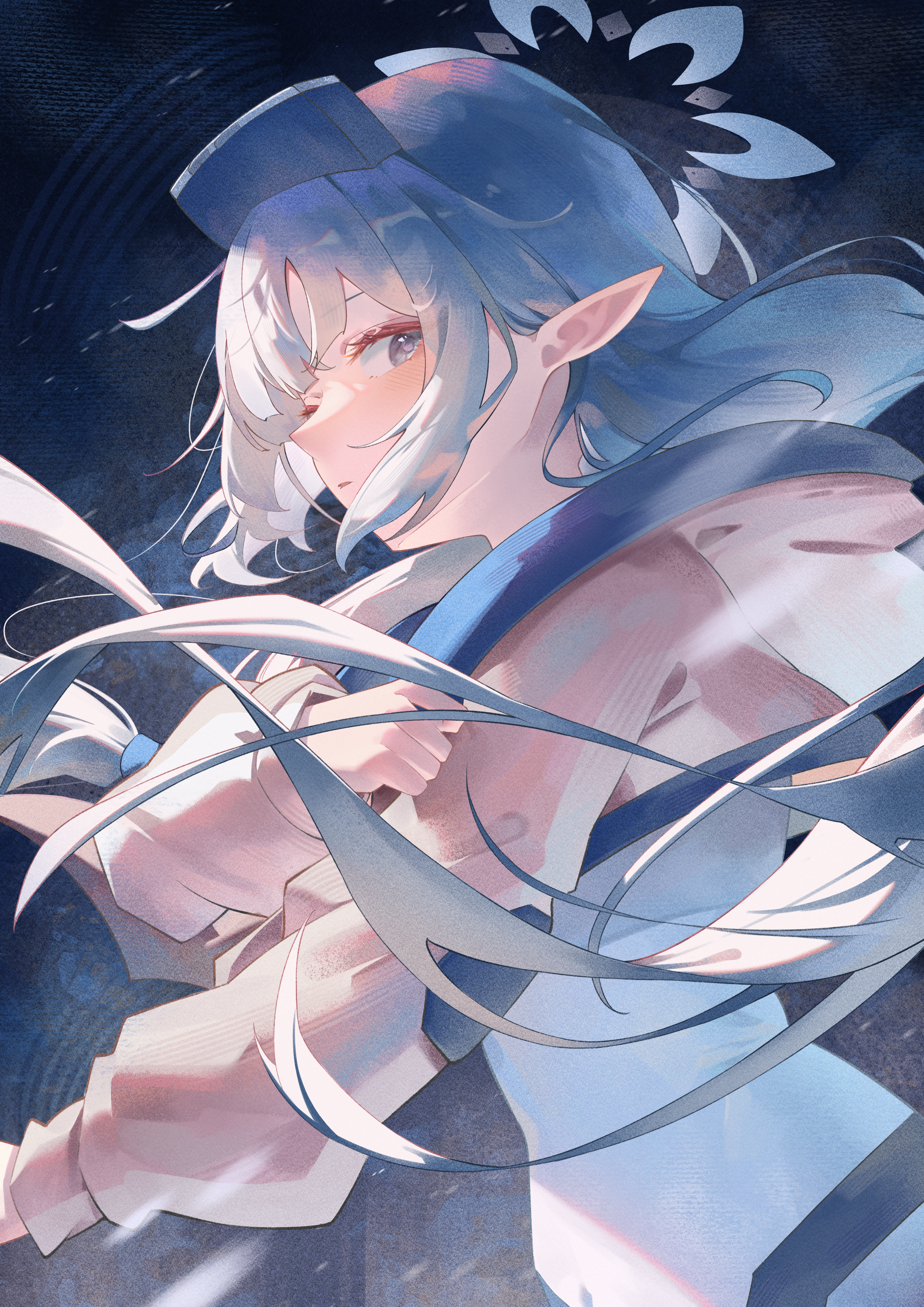 miku rasha, himari (blue archive), blue archive, absurdres, commentary, highres, 1girl, blue background, blue halo, grey eyes, halo, jacket, long hair, long sleeves, parted lips, pink jacket, pointy ears, solo, upper body, white hair