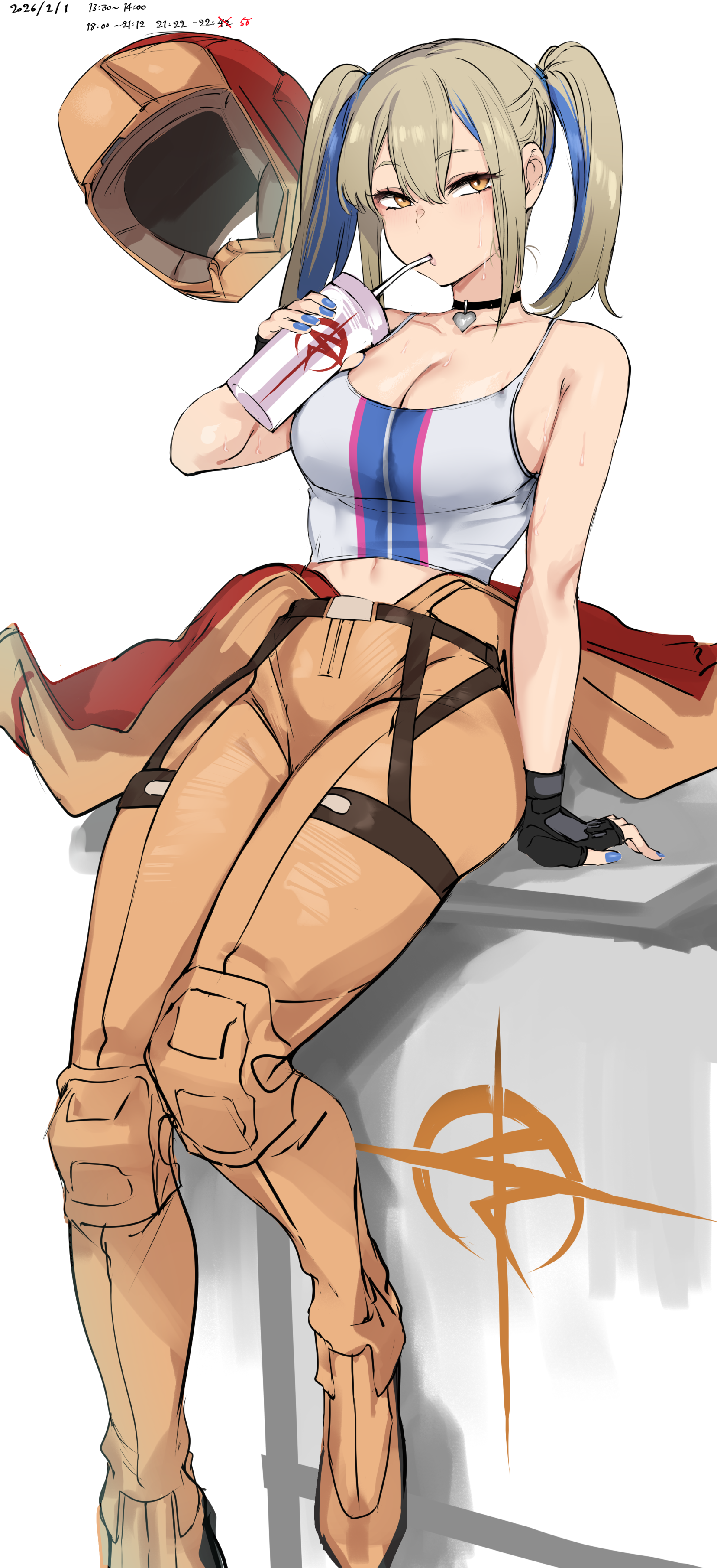agetama, gundam, gundam hathaway's flash, absurdres, commentary request, highres, 1girl, blonde hair, blue hair, bodysuit, breasts, brown bodysuit, cleavage, colored inner hair, cup, dated, drink, drinking, drinking straw, hala morley, helmet, holding, holding cup, holding drink, mecha pilot suit, multicolored hair, normal suit (gundam), sitting, solo, striped hair, sweat, twintails, two-tone hair, undersuit, undressing, unworn headwear, unworn helmet, vest, white vest
