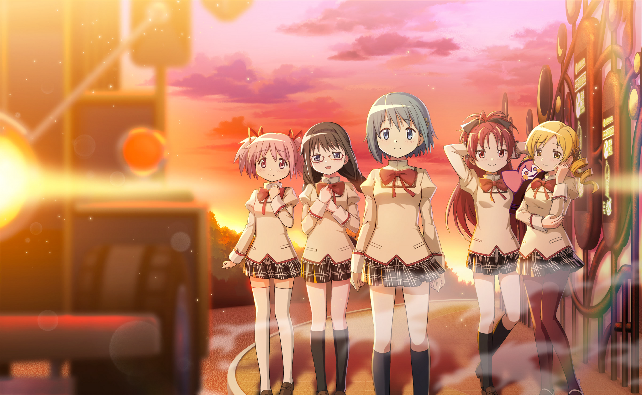 akemi homura, charlotte (madoka magica), kaname madoka, miki sayaka, sakura kyoko, tomoe mami, mahou shoujo madoka magica, mahou shoujo madoka magica: hangyaku no monogatari, mahou shoujo madoka magica magia exedra, artist request, highres, official art, third-party source, 5girls, anime coloring, antenna hair, arms behind head, black bow, black hair, black hairband, black skirt, black socks, blonde hair, blue eyes, blue hair, bow, bowtie, braid, brown pantyhose, brown shoes, bus, bus stop, clenched hand, clenched hands, closed mouth, cloud, collared shirt, creature, creature on shoulder, dot nose, drill hair, feet out of frame, floating clothes, floating hair, flower hairband, full body, glasses, gradient sky, hair bow, hair ornament, hair ribbon, hairband, hairclip, hand on own cheek, hand on own chest, hand on own elbow, hand on own face, hands on own chest, happy, high collar, high ponytail, holy quintet, jitome, juliet sleeves, knee up, kneehighs, knees, lace, lace-trimmed shirt, lace-trimmed sleeves, lace trim, large bow, lens flare, light blush, light particles, long hair, long sleeves, looking at viewer, low twin braids, madoka runes, mary janes, miniskirt, mitakihara school uniform, motor vehicle, multiple girls, official alternate costume, on shoulder, open mouth, outdoors, pantyhose, pink eyes, pink hair, pink sky, plaid clothes, plaid skirt, pleated skirt, pocket, ponytail, puffy sleeves, purple eyes, rainbow, red-framed eyewear, red bow, red bowtie, red eyes, red hair, red ribbon, red sky, ribbon, road, school uniform, shirt, shoes, short hair, short twintails, skirt, sky, sleeve cuffs, smile, smoke, socks, standing, straight-on, street, sun, sunset, tareme, thighhighs, tree, tsurime, twin braids, twin drills, twintails, uwabaki, very long hair, white shoes, white thighhighs, wind, witch (madoka magica), yellow shirt