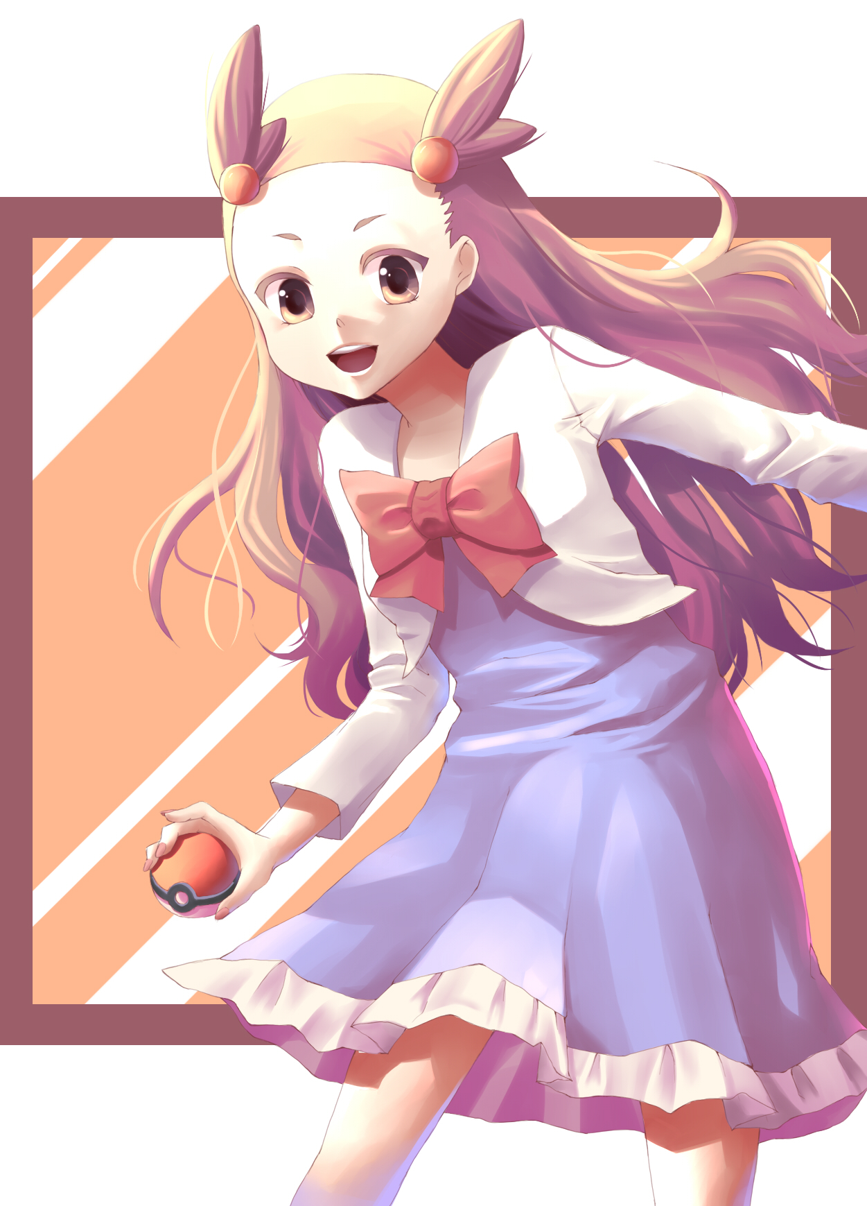 kodai, koodai (nora shichini), jasmine (pokemon), nintendo, pokemon, pokemon hgss, bad id, bad pixiv id, highres, 00s, 1girl, brown eyes, brown hair, female focus, gym leader, holding, holding poke ball, long hair, poke ball, poke ball (basic), solo, two side up
