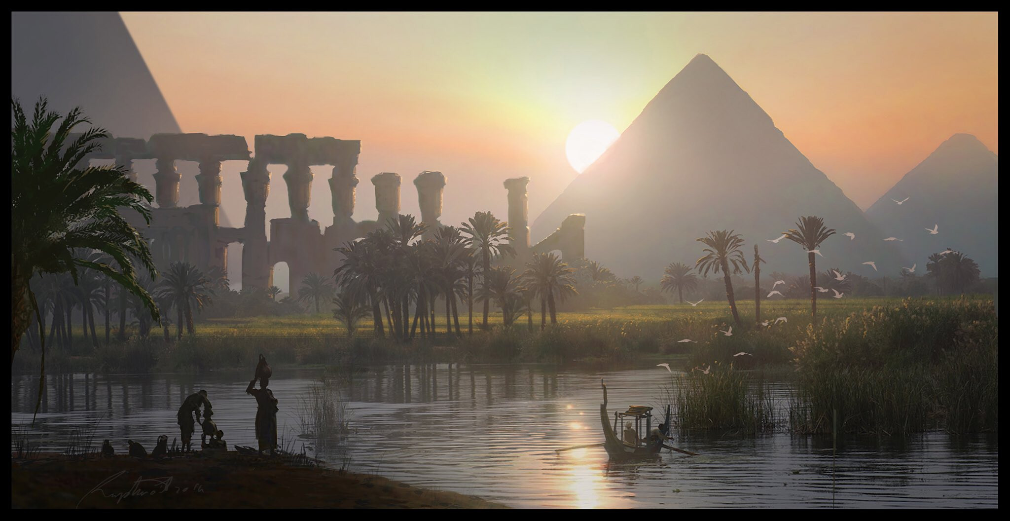 raphael-lacoste, assassin's creed: origins, assassin's creed (series), commentary, english commentary, highres, 4others, ancient egyptian, boat, dawn, flock, multiple others, orange sky, outdoors, painterly, palm leaf, palm tree, pyramid (structure), reeds, reflection, reflective liquid, river, scenery, shore, signature, sky, sun, sunlight, tree, water, watercraft, yellow sky