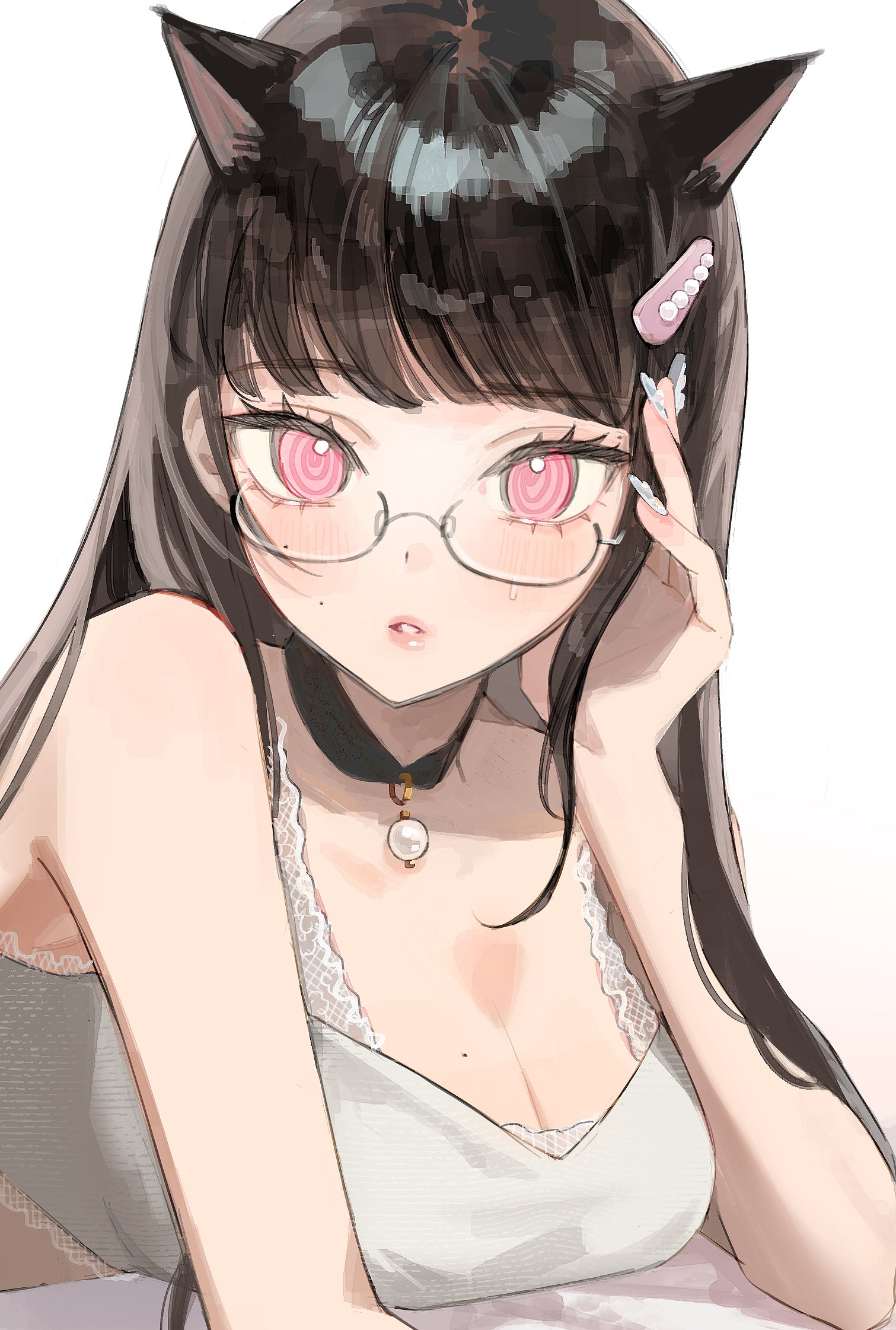 seto jiro, original, commentary, highres, symbol-only commentary, 1girl, @ @, animal ears, black hair, bra, breast rest, breasts, cat ears, cat girl, choker, cleavage, elbow rest, fingernails, glasses, hair ornament, hairclip, hand on own cheek, hand on own face, lace, lace-trimmed bra, lace trim, large breasts, long fingernails, long hair, looking at viewer, mole, mole on breast, mole on cheek, mole under mouth, nail art, nail polish, parted lips, pink eyes, solo, sweat, underwear