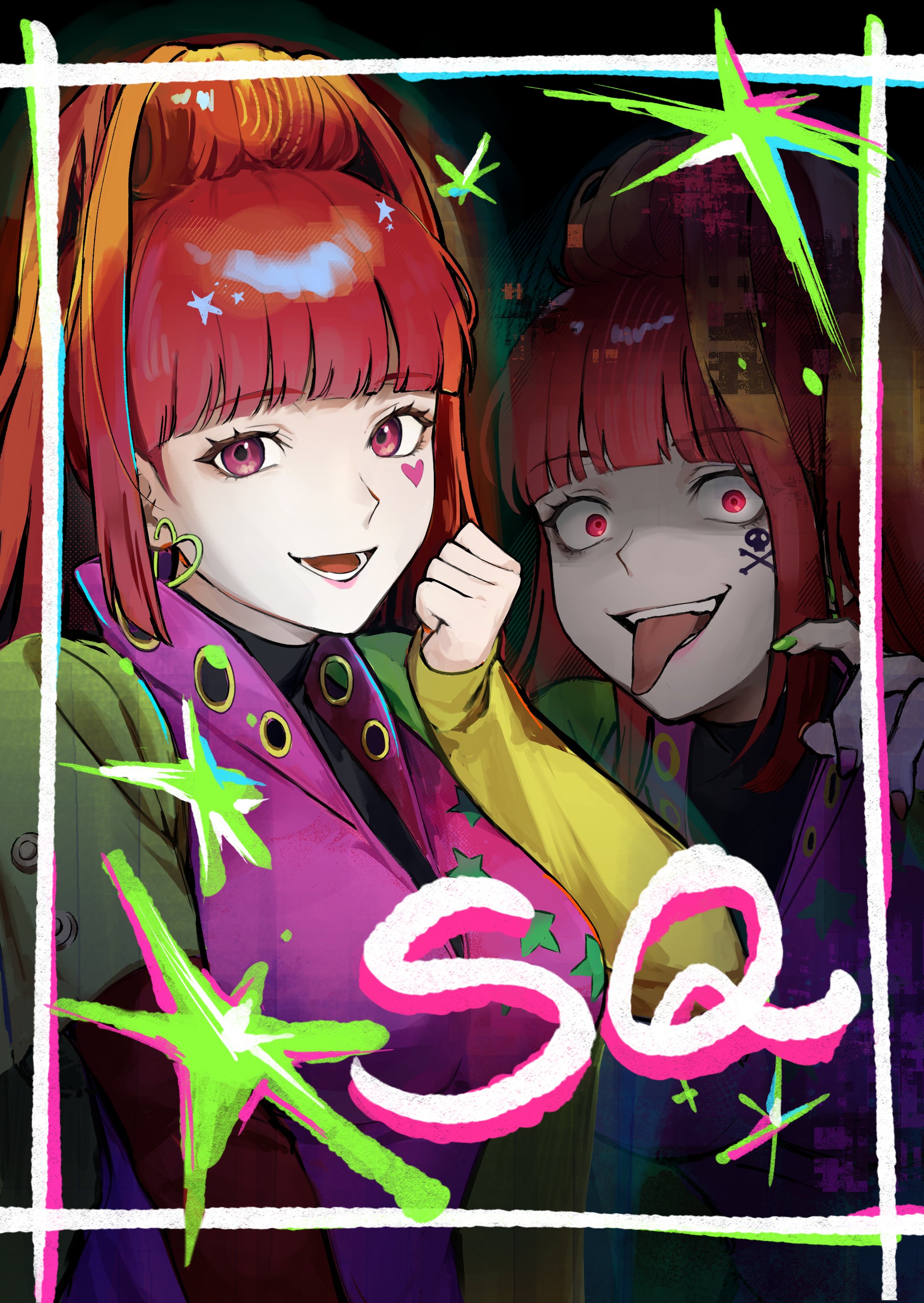 sq (gnosia), gnosia, absurdres, commentary request, highres, 1girl, blunt bangs, earrings, hair between eyes, heart, heart earrings, heart tattoo, high ponytail, jewelry, long sleeves, looking at viewer, nail polish, oru goru, ponytail, red eyes, red hair, simple background, tattoo