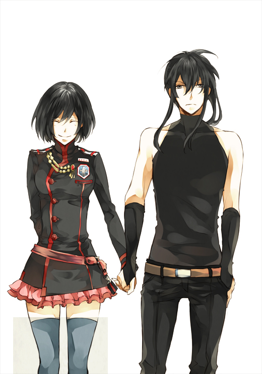 seki496, yone (kaguudou), kanda yuu, lenalee lee, d.gray-man, bad id, bad pixiv id, 1boy, 1girl, belt, black eyes, black hair, closed eyes, couple, gloves, hetero, holding hands, long hair, military, military uniform, ponytail, short hair, skirt, smile, thighhighs, zettai ryouiki