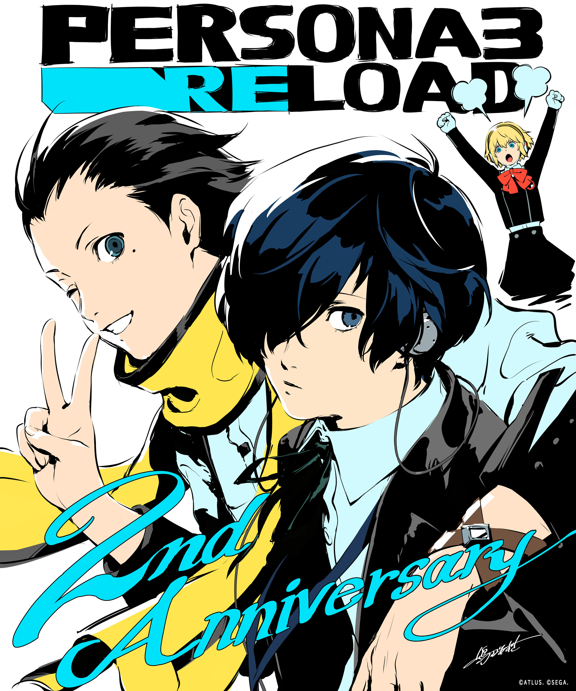 shimada azusa, aigis (persona), mochizuki ryouji, yuuki makoto (persona 3), persona, persona 3, persona 3 reload, commentary, english commentary, highres, 1girl, 2boys, anniversary, arm on another's shoulder, black hair, black jacket, black skirt, blonde hair, blue eyes, blue hair, cowboy shot, dress shirt, english text, gekkoukan high school uniform, hand up, headphones, jacket, limited palette, looking at viewer, multiple boys, scarf, school uniform, shirt, skirt, v, yellow scarf