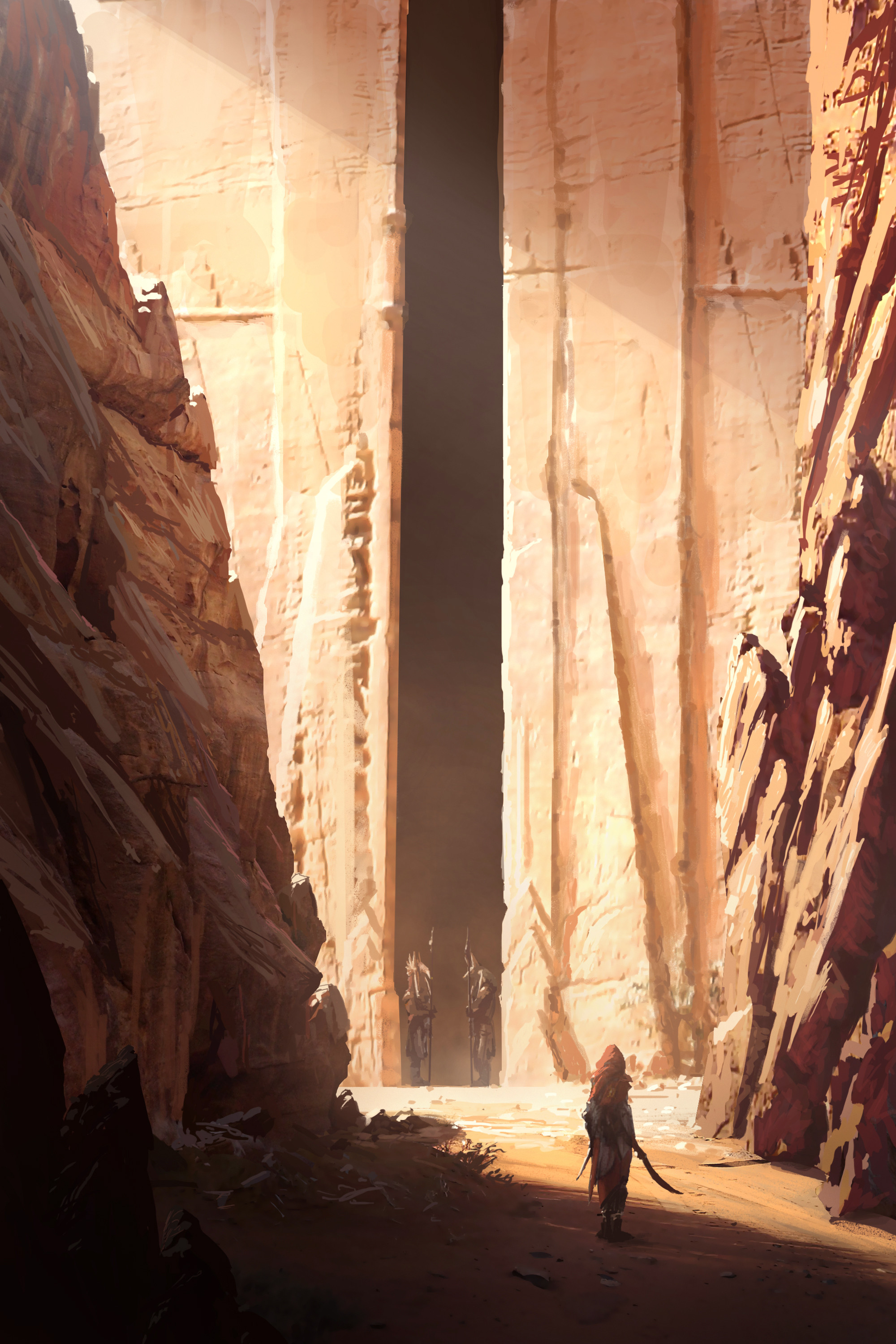 raphael-lacoste, assassin's creed: origins, assassin's creed (series), absurdres, commentary, english commentary, highres, 3others, ancient egyptian, canyon, carving, cloak, doorway, from behind, from side, holding, holding polearm, holding weapon, hood, hooded cloak, hot, multiple others, outdoors, painterly, polearm, red cloak, rock, sand, sandstone, scenery, sunlight, weapon