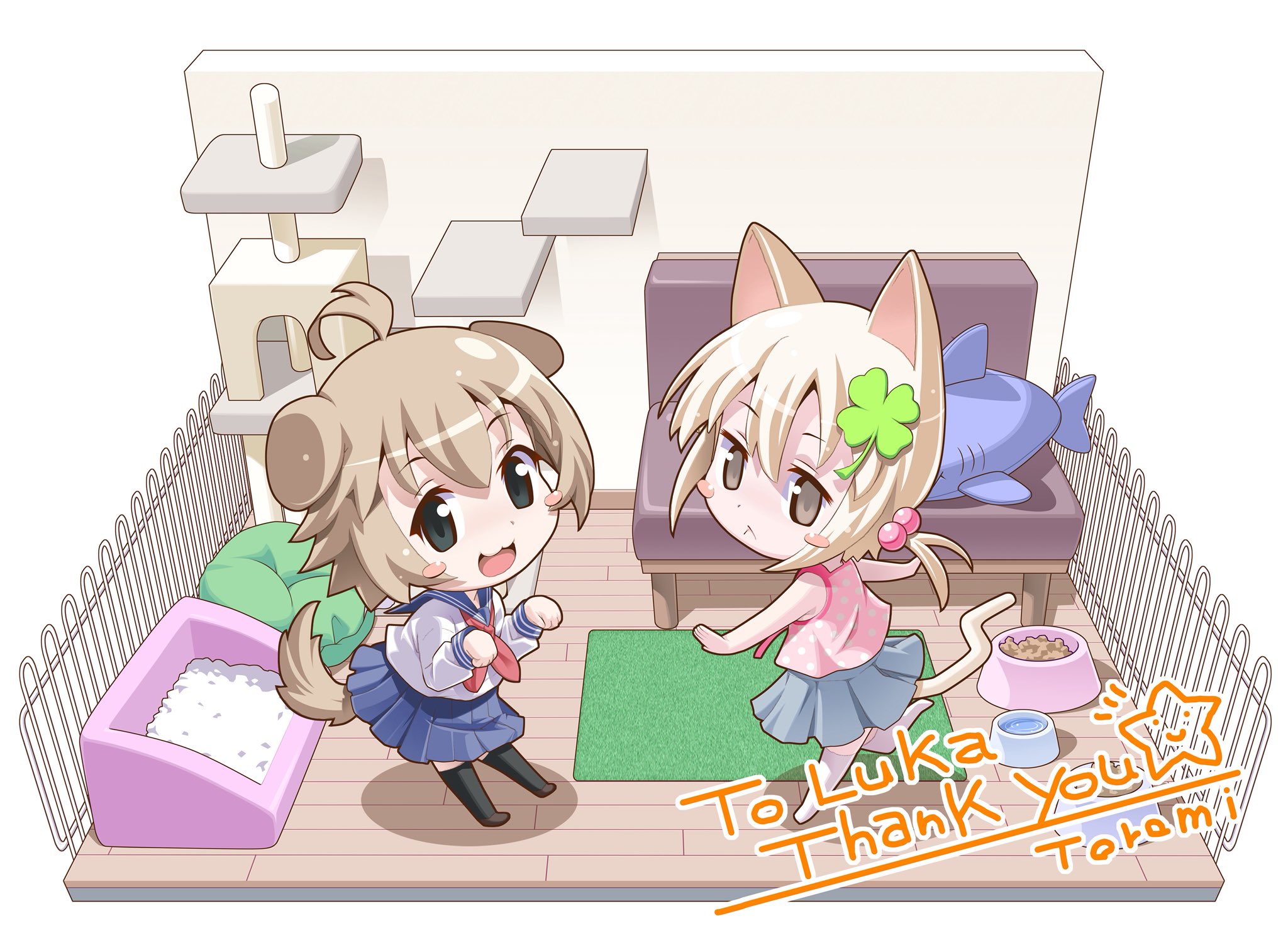 toromi (toromix2), original, commentary request, commission, highres, skeb commission, 2girls, :<, :3, ahoge, animal ears, blonde hair, blush stickers, bowl, brown eyes, cat ears, cat girl, cat tail, cat tower, chibi, chibi only, clover hair ornament, couch, diorama, dog ears, dog girl, dog tail, fence, full body, grey eyes, hair bobbles, hair ornament, low ponytail, multiple girls, neckerchief, no shoes, nyanko (onlinepetclub), open mouth, paw pose, pet bed, pet bowl, pleated skirt, ponytail, rug, school uniform, serafuku, shirt, skirt, sleeveless, sleeveless shirt, smile, standing, standing on one leg, stuffed animal, stuffed fish, stuffed toy, tail, thank you, thighhighs, wanwan (onlinepetclub)