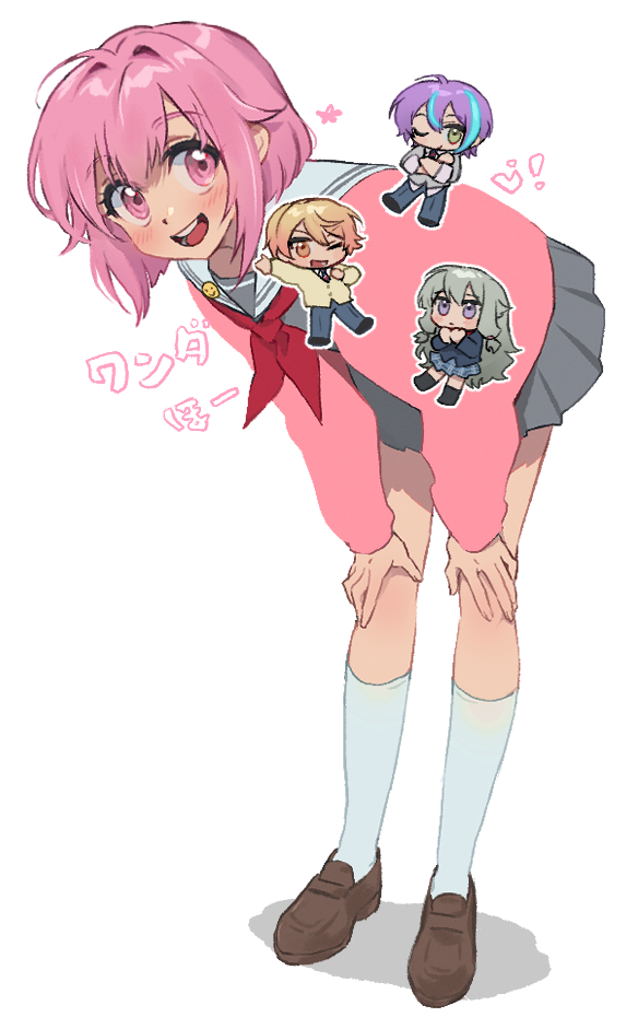 empty (neyo), kamishiro rui, kusanagi nene, ootori emu, tenma tsukasa, project sekai, commentary request, translation request, 2boys, 2girls, brown shoes, cardigan, chibi, full body, green hair, grey skirt, hands on own legs, leaning forward, loafers, long hair, long sleeves, looking at viewer, miyamasuzaka girls' academy school uniform, multicolored hair, multiple boys, multiple girls, neckerchief, open mouth, pink cardigan, pink eyes, pink hair, pleated skirt, purple eyes, purple hair, red neckerchief, sailor collar, school uniform, shoes, short hair, simple background, skirt, smile, socks, solo focus, standing, streaked hair, white background, white sailor collar, white socks, wonderlands x showtime (project sekai), yellow eyes
