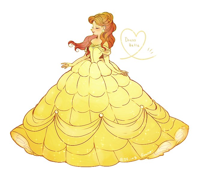 souno kazuki, belle (disney), beauty and the beast (disney), commentary request, 1girl, animification, black hair, brown hair, dress, earrings, full body, gloves, jewelry, long hair, looking at viewer, ponytail, smile, yellow dress