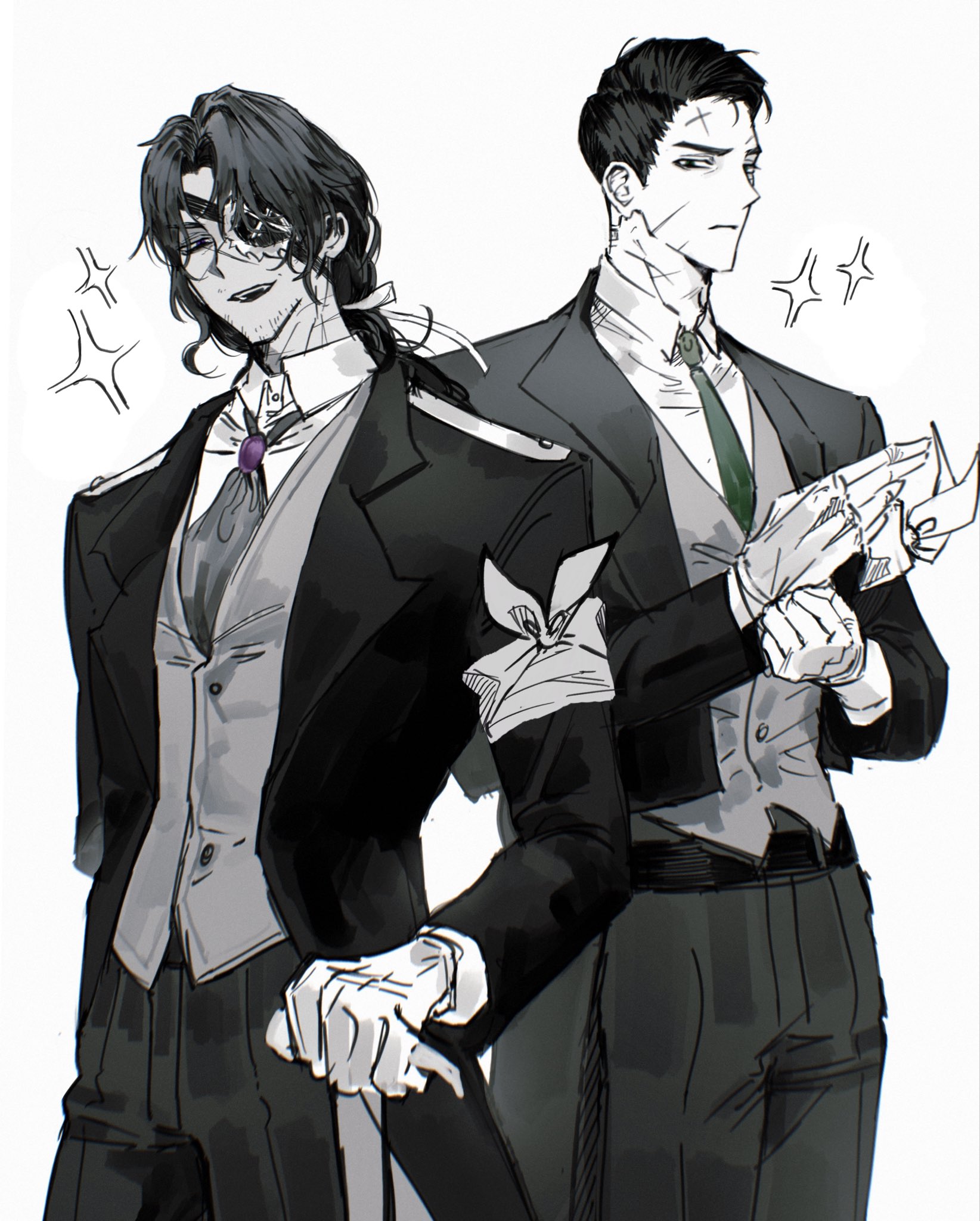 chanil (muexlku), heathcliff (project moon), meursault (project moon), limbus company, project moon, highres, 2boys, badge, brooch, cowboy shot, dead rabbits (identity) (project moon), formal clothes, gem, gloves, green necktie, greyscale, hair ribbon, hair slicked back, jewelry, lapels, long sleeves, looking at viewer, low ponytail, monochrome, multiple boys, necktie, notched lapels, open mouth, pants, ponytail, purple gem, ribbon, scar, scar on face, smile, sparkle, spot color, suit, vest, wuthering heights (identity) (project moon)