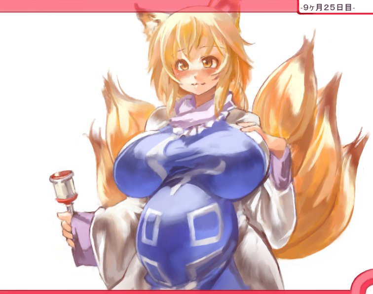 sachito, yakumo ran, touhou, 1girl, animal ears, blonde hair, blush, breasts, female focus, fox ears, fox tail, hand on another's chest, huge breasts, multiple tails, pregnant, short hair, solo, tail, white background, yellow eyes