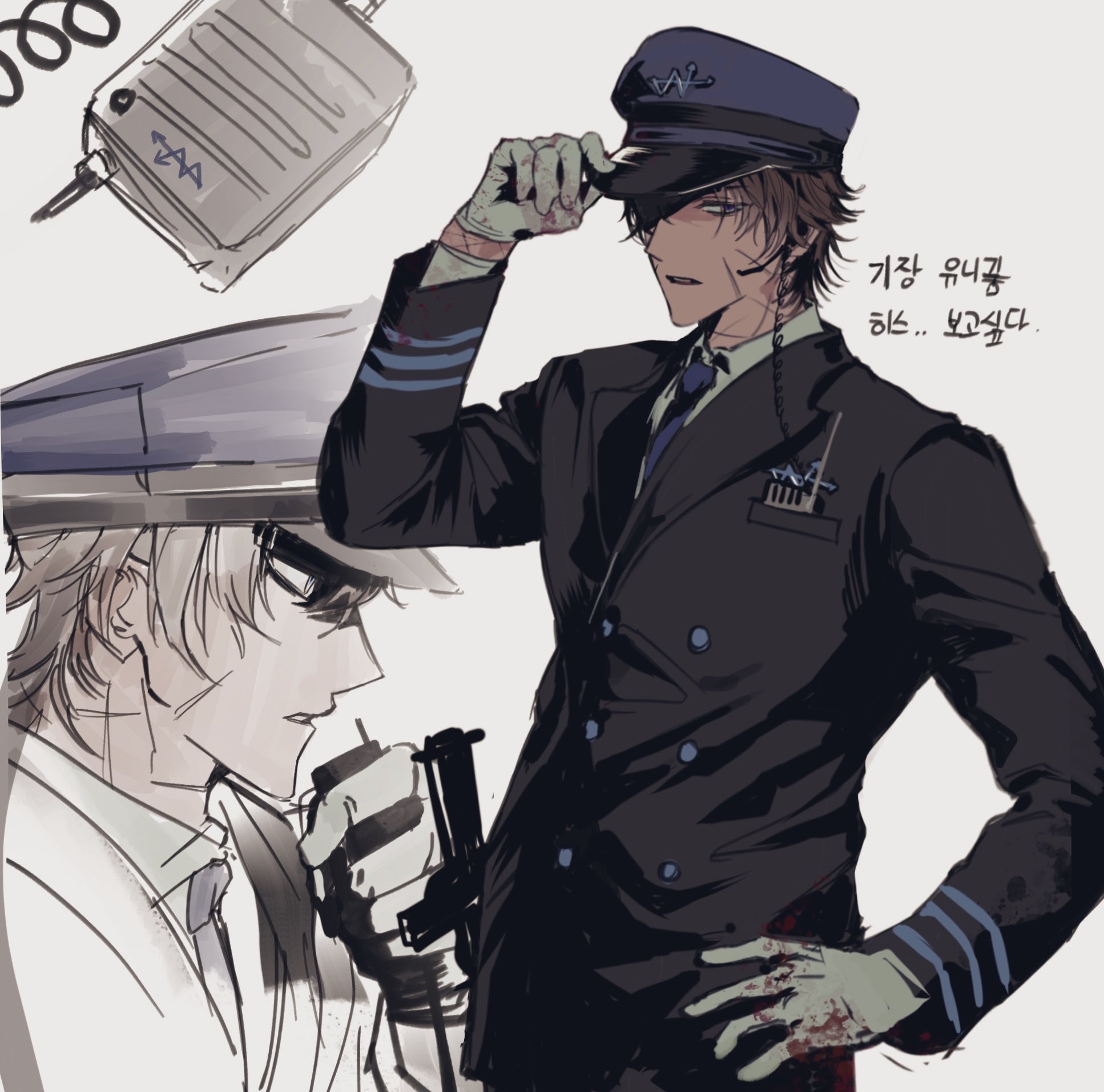 chanil (muexlku), heathcliff (project moon), limbus company, project moon, commentary request, highres, korean commentary, 1boy, black jacket, blood, blood on hands, blue hat, blue necktie, brown hair, collared shirt, earpiece, hat, holding, holding walkie-talkie, jacket, multiple views, necktie, purple eyes, scar, scar on face, shirt, simple background, train conductor, w corp. (identity) (project moon), walkie-talkie, white background, white shirt