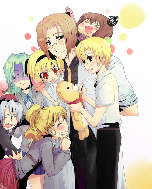 saemiya kae, houjou satoko, houjou satoshi, irie kyousuke, kanon (umineko), sakutarou (umineko), sonozaki shion, ushiromiya jessica, ushiromiya maria, higurashi no naku koro ni, umineko no naku koro ni, 3boys, 4girls, beret, blonde hair, brown hair, company connection, creator connection, crossover, crown, glasses, green hair, hat, in-franchise crossover, multiple boys, multiple girls, ponytail, red eyes, skirt