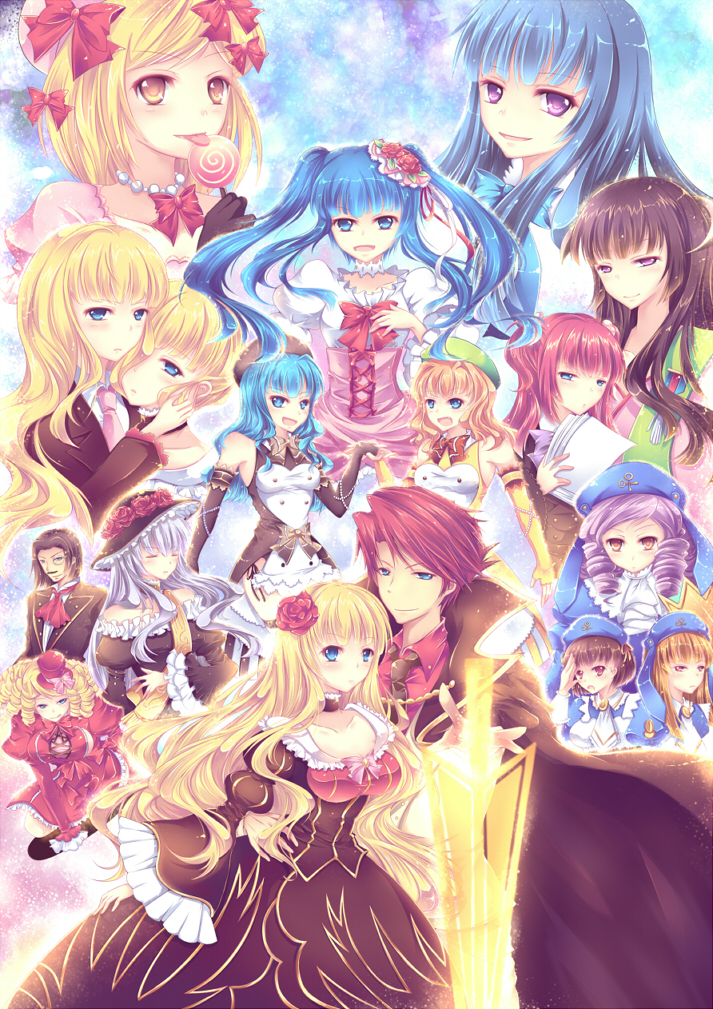murasakio, beatrice (umineko), cornelia (umineko), dlanor a. knox, featherine augustus aurora, frederica bernkastel, furfur, furudo erika, gaap (umineko), gertrude (umineko), lambdadelta, ronove (umineko), ushiromiya ange, ushiromiya battler, zepar, 07th expansion, dawn of the golden witch, no naku koro ni (series), umineko no naku koro ni, 3boys, 6+girls, black hair, blonde hair, blue eyes, blue hair, bow, brown hair, dress, drill hair, flower, formal clothes, hair ornament, horns, monocle, multiple boys, multiple girls, pink bow, suit, thighhighs, trap, twintails