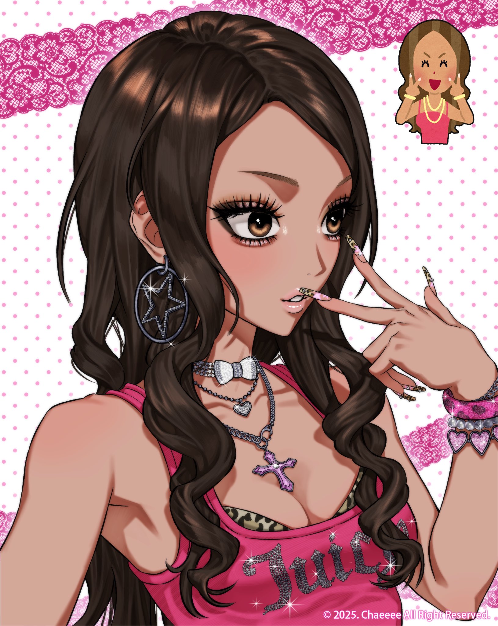 c eeeeahc, irasutoya, commentary, highres, 1girl, animal print, bangle, black hair, bow, bow choker, bra, bra peek, bracelet, brown eyes, choker, copyright notice, cross, cross necklace, dark-skinned female, dark skin, earrings, eyeshadow, fingernails, glint, gyaru, heart, heart bracelet, heart necklace, hoop earrings, irasutoya challenge, jewelry, juicy couture, leopard print, leopard print bra, lipstick, long fingernails, long hair, looking ahead, makeup, multiple bracelets, multiple necklaces, nail art, nail polish, necklace, parted lips, pink lips, polka dot, polka dot background, print bra, reference inset, rhinestone, smile, sparkle, star (symbol), star earrings, tan, tank top, underwear, w