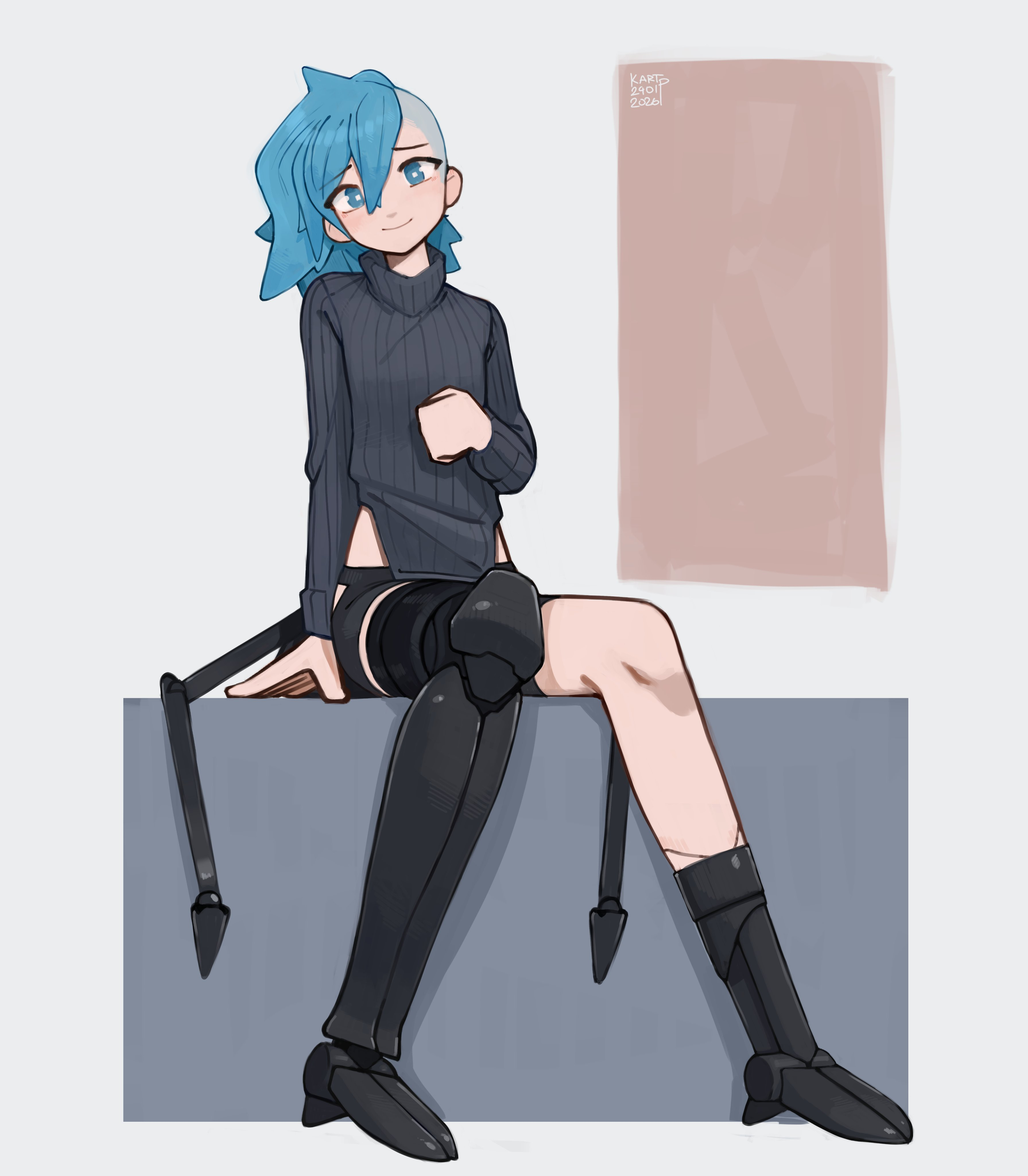 kart prowler, original, absurdres, commentary, english commentary, highres, 1girl, asymmetrical hair, black shorts, black sweater, blue eyes, blue hair, blue pupils, blush, closed mouth, cyborg, dated, eyelashes, long sleeves, mechanical legs, medium hair, nyx (kart prowler), shorts, sidecut, signature, sitting, smile, solo, sweater, undercut