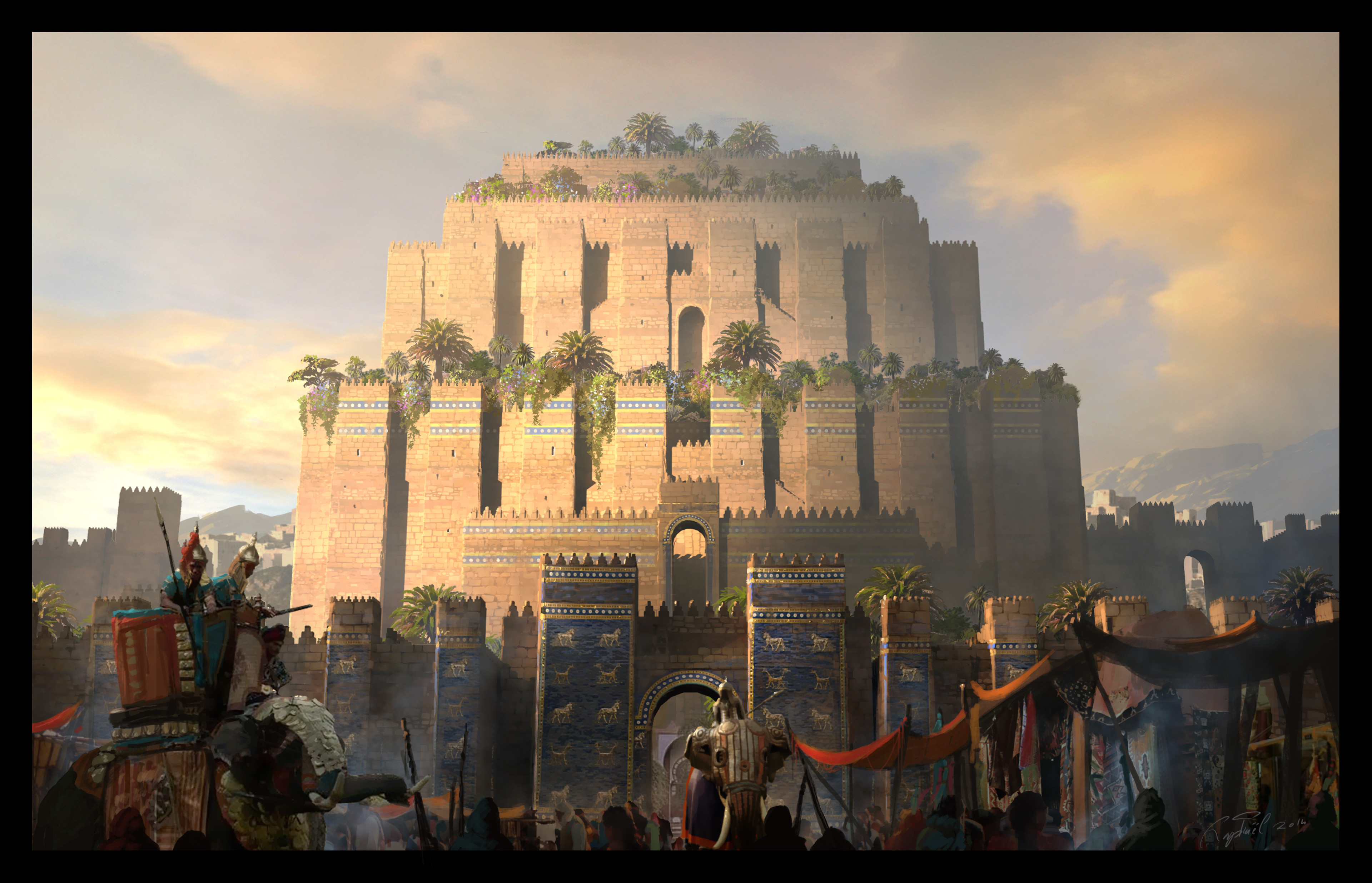 raphael-lacoste, assassin's creed: origins, assassin's creed (series), absurdres, commentary, english commentary, highres, arch, babylon, blue sky, brick wall, cloud, cloudy sky, elephant, garden, market, market stall, outdoors, painterly, palm tree, people, polearm, riding, riding animal, scenery, signature, sky, spear, sunlight, tree, weapon