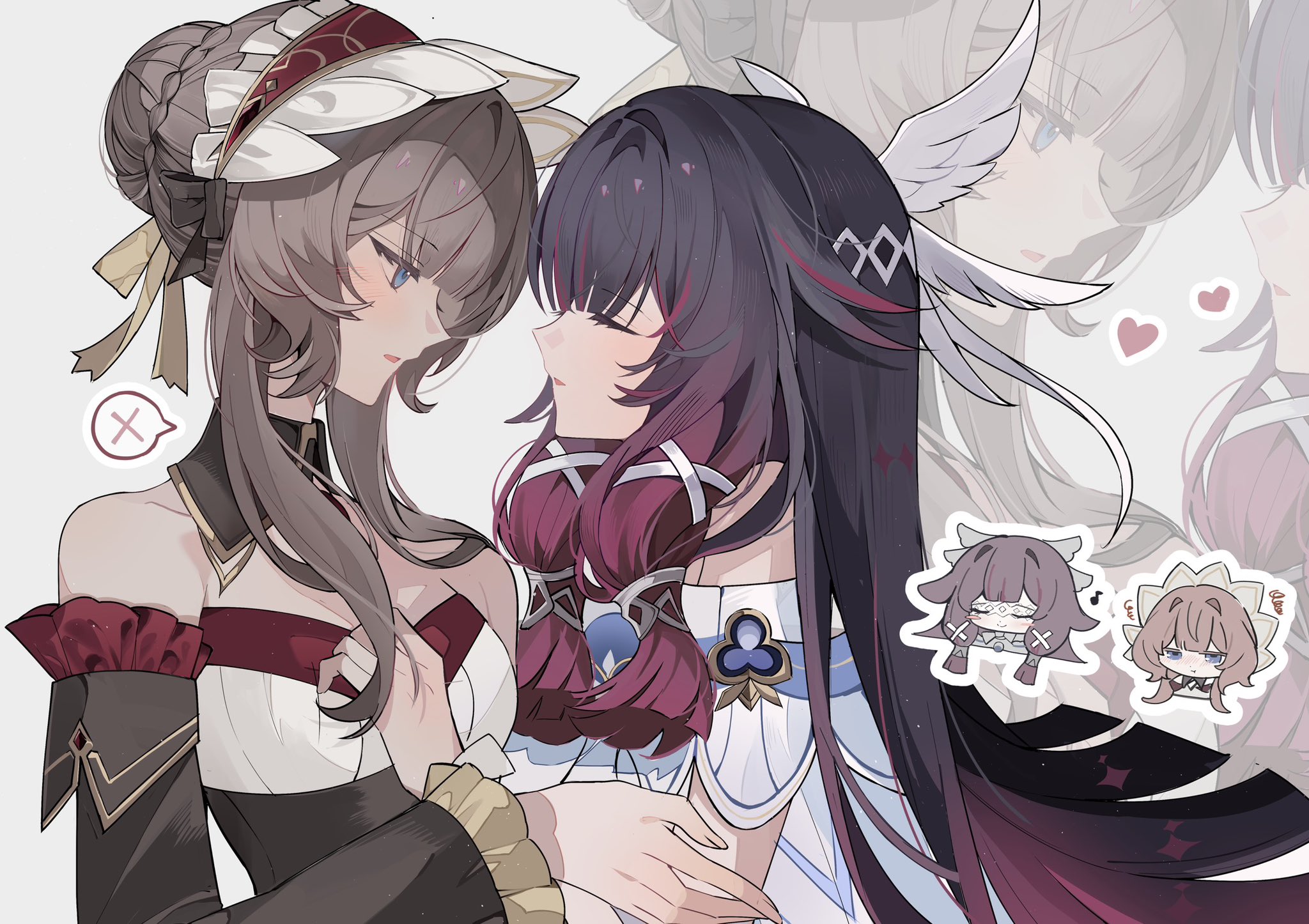 xu (anniechika), columbina (genshin impact), sandrone (genshin impact), genshin impact, commentary request, highres, 2girls, bare shoulders, black hair, blue eyes, brown hair, chibi, chibi inset, closed eyes, detached sleeves, dress, frilled sleeves, frills, grey background, hair bun, head wings, headdress, heart, long hair, long sidelocks, looking at another, multicolored hair, multiple girls, off-shoulder dress, off shoulder, open mouth, purple hair, sidelocks, spoken x, upper body, white dress, wings, zoom layer