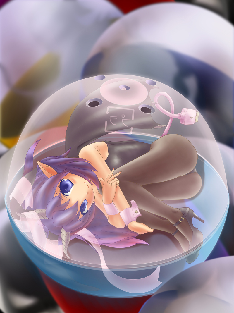 soma (artist), original, capsule, bad id, bad pixiv id, 1girl, animal ears, ball, bat wings, blue eyes, fake animal ears, female focus, fetal position, full body, gashapon, gradient hair, high heels, horns, long hair, mini person, minigirl, multicolored hair, pantyhose, playboy bunny, pointy ears, rabbit ears, ribbon, shoes, solo, usb, wings, wrist cuffs