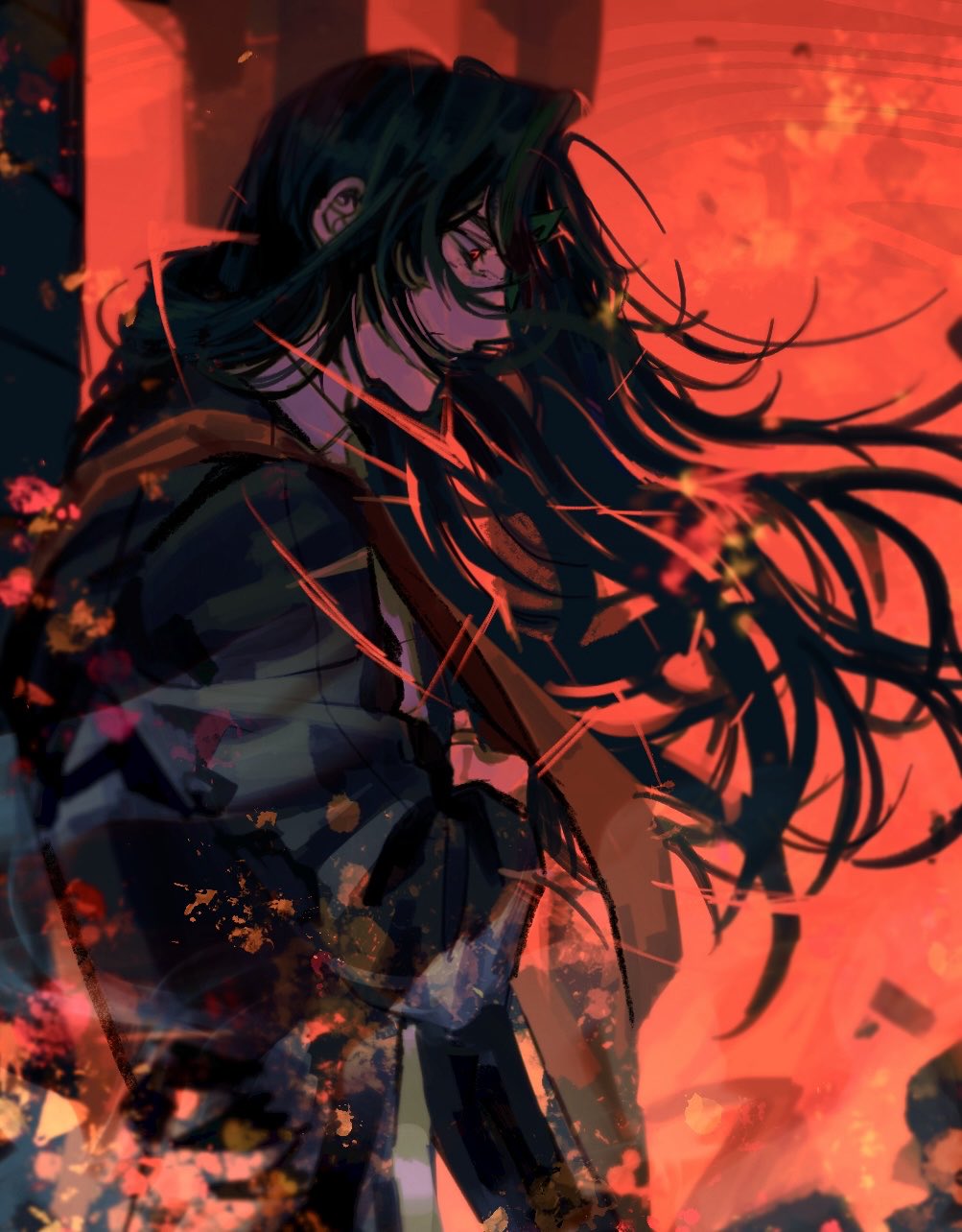 chanil (muexlku), meursault (project moon), limbus company, project moon, commentary request, highres, korean commentary, 1boy, black coat, black hair, coat, embers, fire, floating hair, la manchaland (identity) (project moon), long hair, red background, red eyes, solo, stole, very long hair
