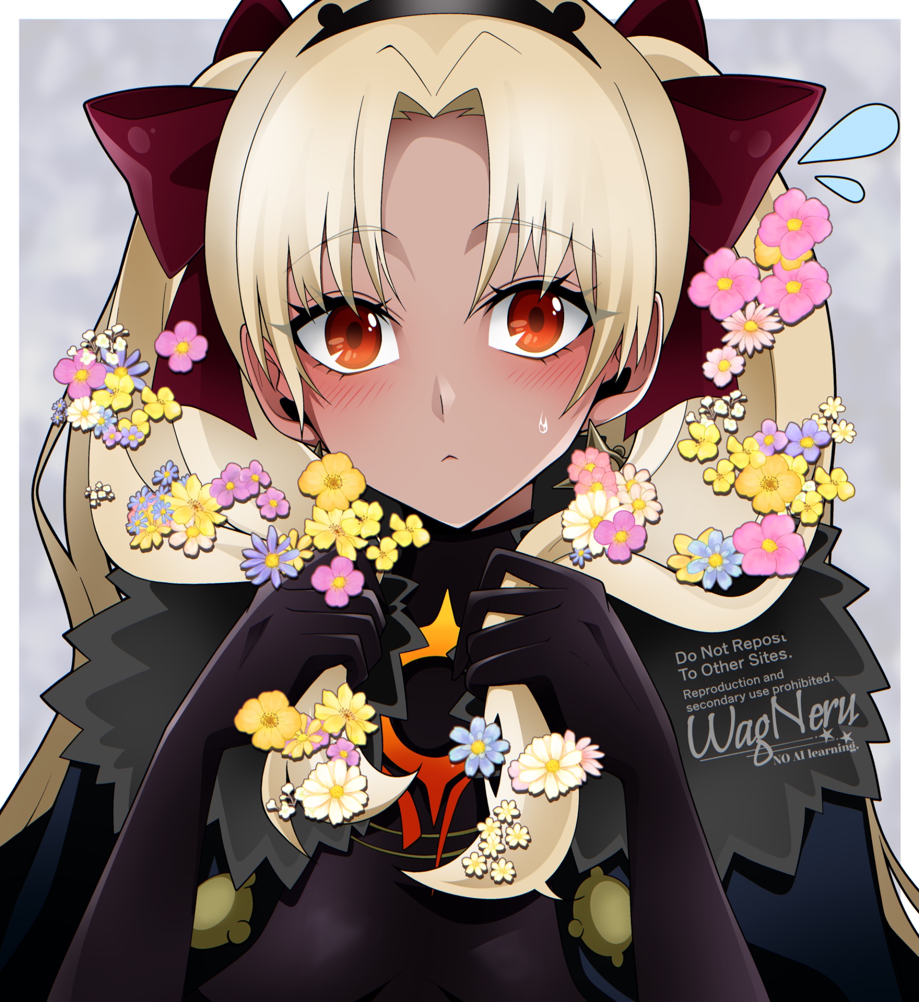 wagu neru, ereshkigal (fate), ereshkigal alter (fate), fate/grand order, fate (series), commentary request, highres, 1girl, black dress, black gloves, blonde hair, blush, bow, breasts, dress, flower, gloves, hair bow, hair flower, hair ornament, long hair, looking at viewer, red eyes, signature, solo, twintails, watermark