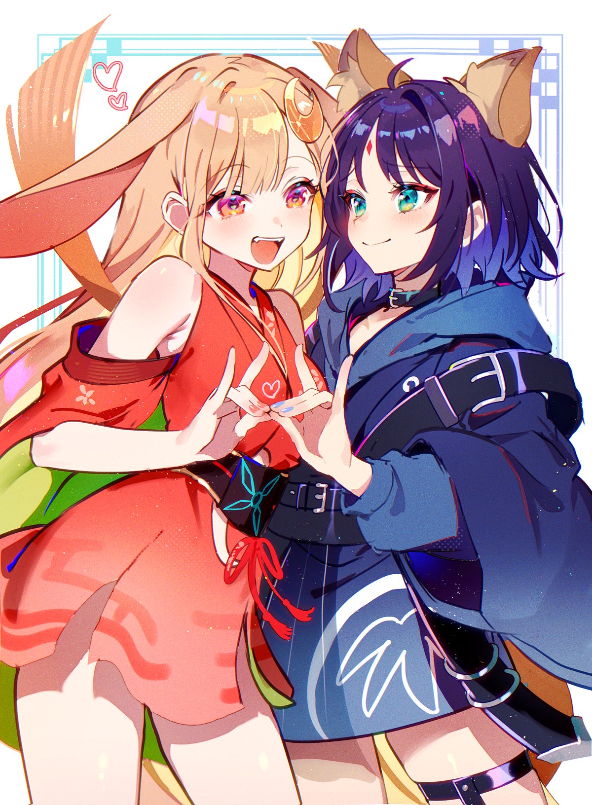 tawan (46okuneeen), sakayori iroha, commentary request, highres, 2girls, :d, animal ears, bare shoulders, black choker, blonde hair, blue hoodie, blush, cho kaguya-hime!, choker, cowboy shot, crescent, crescent hair ornament, forehead jewel, fox shadow puppet kiss, green eyes, hair ornament, heart, hood, hood down, hoodie, japanese clothes, kaguya (cho kaguya-hime!), kimono, long hair, long sleeves, looking at another, lop rabbit ears, multiple girls, nail polish, open mouth, parted bangs, purple hair, rabbit ears, red kimono, short hair, smile, standing