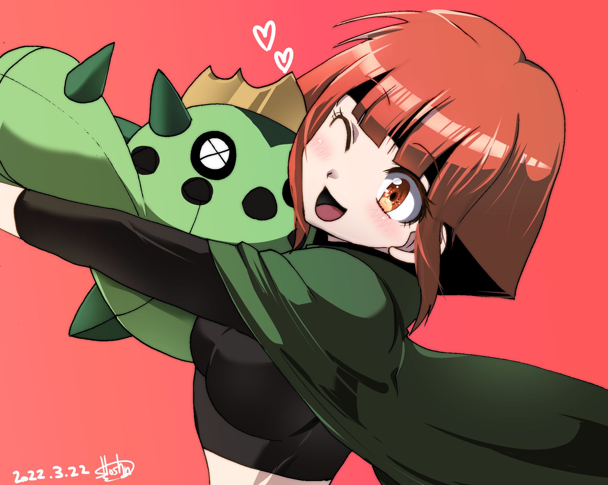 hoshino (pixiv12796893), cacnea, gardenia (pokemon), nintendo, pokemon, pokemon (anime), pokemon dppt (anime), commentary request, highres, 1girl, black hair, black shirt, blush, breasts, brown eyes, brown hair, capelet, crop top, dated, eyelashes, gen 3 pokemon, green capelet, heart, holding, holding pokemon, hug, long sleeves, midriff, multicolored hair, one eye closed, open mouth, pokemon (creature), red background, shirt, short hair, signature, simple background, smile, two-tone hair, upper body, x x