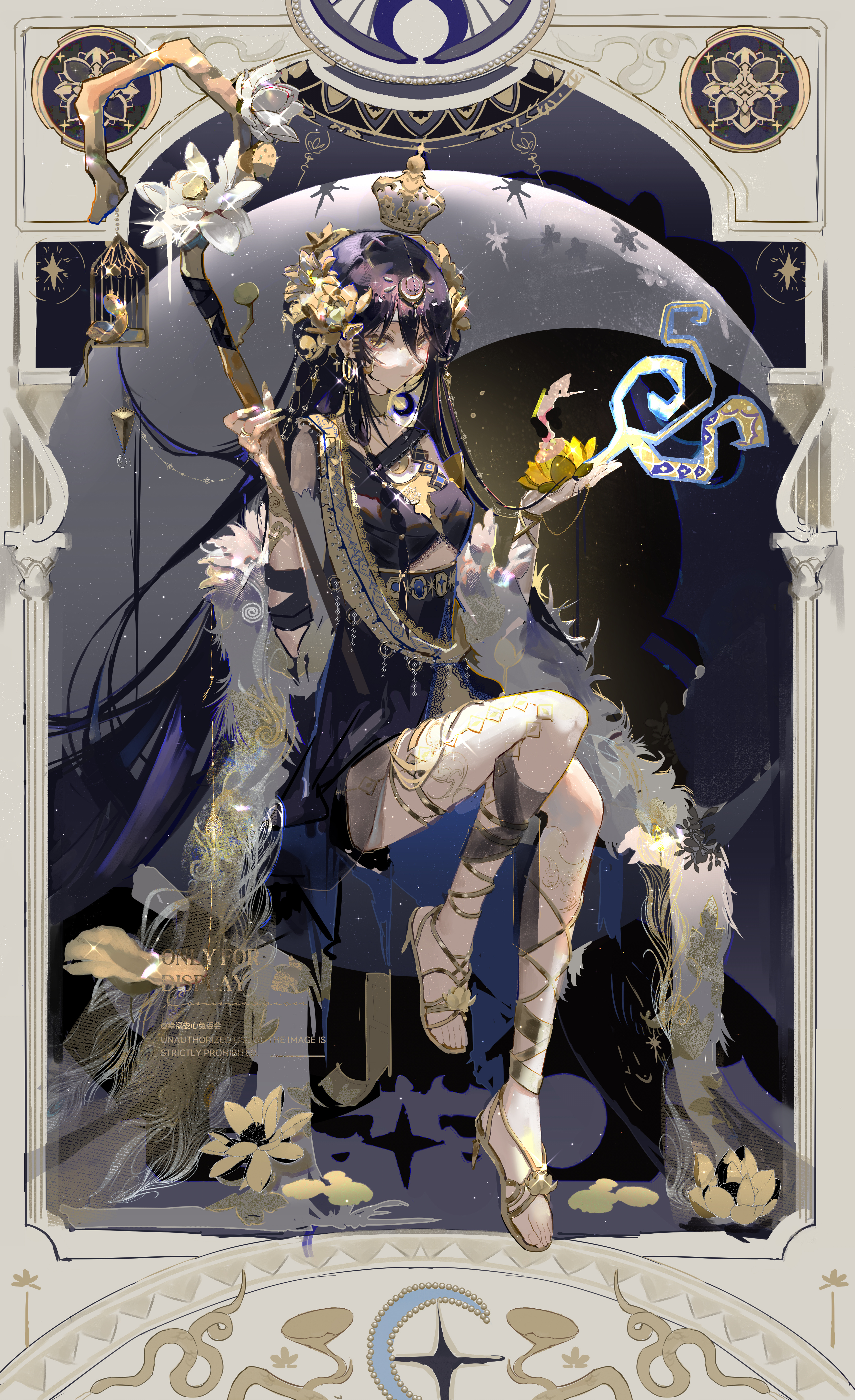 dongsen xuntu, original, absurdres, chinese commentary, commentary request, highres, 1girl, absurdly long hair, armor, black background, black hair, blue hair, cage, cape, card, choker, collar, crescent moon, crown, cuff links, dress, earrings, feathers, flower, flower hairband, full body, gauze, gladiator sandals, holding, holding flower, holding weapon, japanese armor, jewelry, legs, long hair, looking to the side, lotus, mage staff, moon, multicolored hair, pillar, pink hair, purple hair, robe, sandals, see-through clothes, see-through dress, shoulder armor, silk, sitting, skinny, sleeve cuffs, snake, sode, solo, sparkle, staff, star (symbol), thigh strap, very long hair, wand, weapon, white flower, yellow eyes