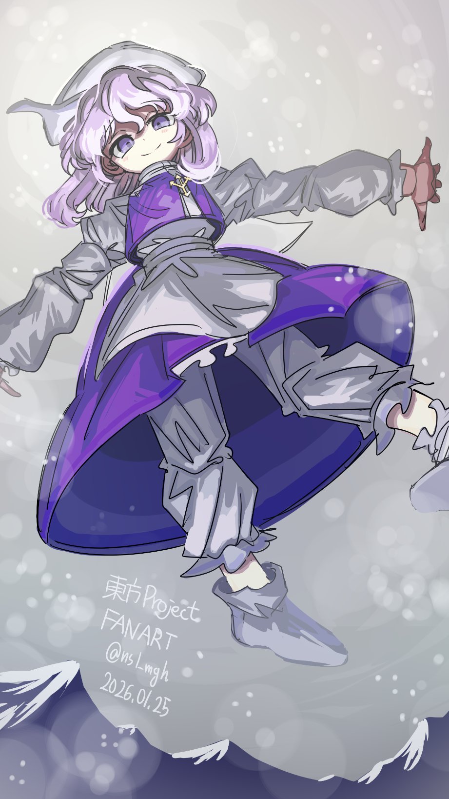 ichirugi, letty whiterock, touhou, commentary request, highres, 1girl, apron, blue eyes, blue skirt, blue vest, flying, full body, one eye covered, skirt, snowing, solo, triangular headpiece, vest, waist apron, white hair