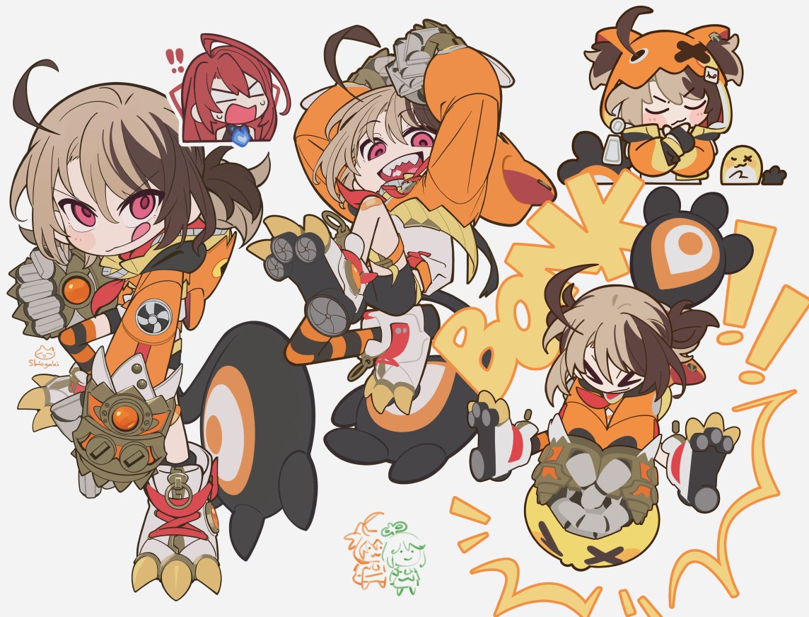 shiogaki, cecilia immergreen, elizabeth rose bloodflame, gigi murin, gigi murin (1st costume), grem (gigi murin), hololive, hololive english, hashtag-only commentary, > <, 3girls, :3, ahoge, black shorts, brown hair, clenched hands, gauntlets, hood, hoodie, licking lips, multiple girls, orange hoodie, pink eyes, punching, red hair, shorts, signature, tail, tongue, tongue out, twintails, virtual youtuber