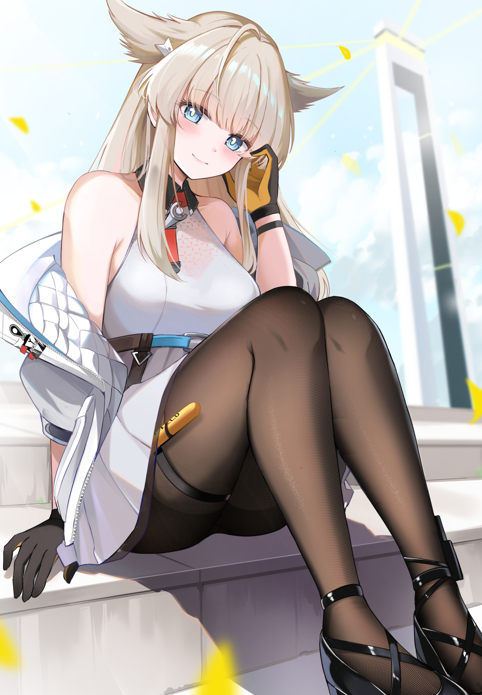 konka, perlica (arknights), arknights, arknights: endfield, commentary request, highres, 1girl, animal ears, bare shoulders, black gloves, black pantyhose, black shoes, blue eyes, blue sky, breasts, closed mouth, fox ears, fox girl, gloves, grey hair, hand up, high heels, jacket, long hair, looking at viewer, multicolored gloves, open clothes, open jacket, outdoors, pantyhose, shirt, shoes, sitting, skirt, sky, sleeveless, sleeveless shirt, smile, solo, two-sided gloves, two-tone gloves, white shirt, yellow gloves