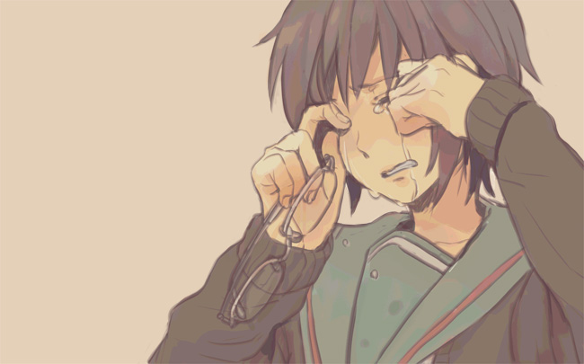 yaruse, nagato yuki, suzumiya haruhi no shoushitsu, suzumiya haruhi no yuuutsu, bad id, bad pixiv id, 10s, 1girl, cardigan, closed eyes, crying, female focus, glasses, grey hair, holding, holding removed eyewear, school uniform, serafuku, short hair, sobbing, solo, tears, unworn eyewear