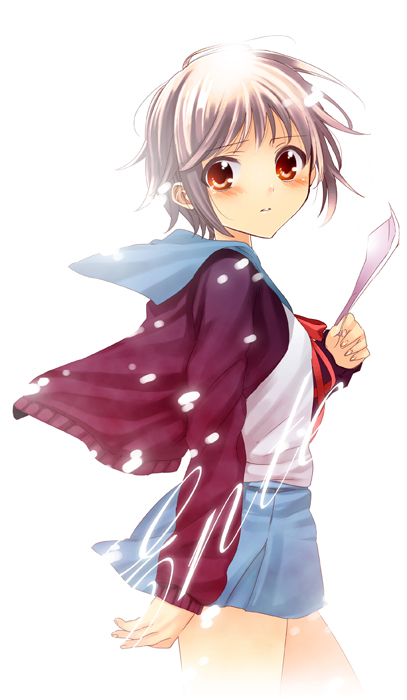 haruno (kanimeshi), nagato yuki, suzumiya haruhi no shoushitsu, suzumiya haruhi no yuuutsu, silver hair, bad id, bad pixiv id, 10s, 1girl, cardigan, female focus, paper, red eyes, school uniform, serafuku, short hair, solo