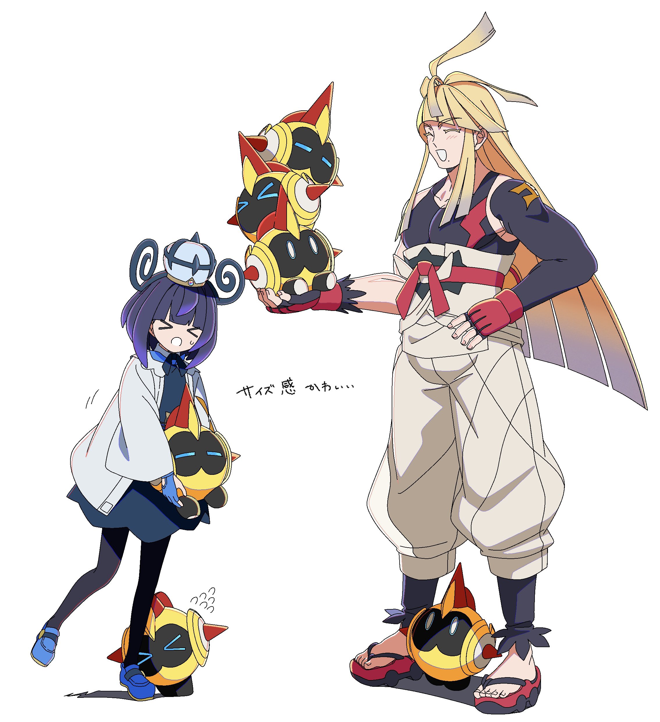 chomodesuyo, falinks, gwynn (pokemon), ivor (pokemon), nintendo, pokemon, pokemon legends: z-a, absurdres, highres, translation request, > <, 1boy, 1girl, black dress, black gloves, black pantyhose, black shirt, blonde hair, blue gloves, blue shoes, blunt bangs, blush, bob cut, brother and sister, closed eyes, coat, dress, elbow gloves, fingerless gloves, flying sweatdrops, gen 8 pokemon, gloves, hat, holding, holding pokemon, long hair, looking at another, mega stone, mole, mole under mouth, open clothes, open coat, open mouth, pants, pantyhose, partially fingerless gloves, pectorals, pokemon (creature), purple hair, sandals, shirt, shoes, short hair, siblings, single elbow glove, sleeveless, sleeveless shirt, standing, sweatdrop, white background, white coat, white pants