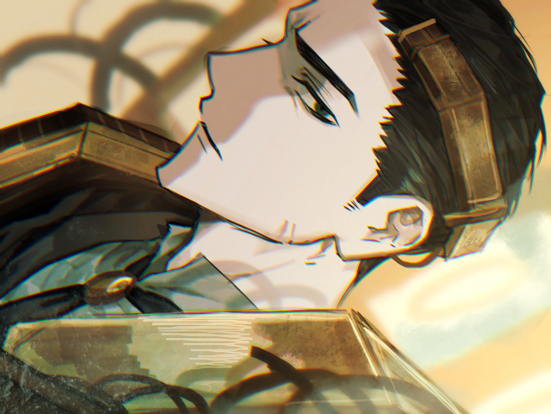 chanil (muexlku), meursault (project moon), limbus company, project moon, highres, 1boy, badge, black hair, black necktie, crushbound past (e.g.o), e.g.o (project moon), green eyes, hair slicked back, looking at viewer, necktie, portrait, shirt, solo, white shirt