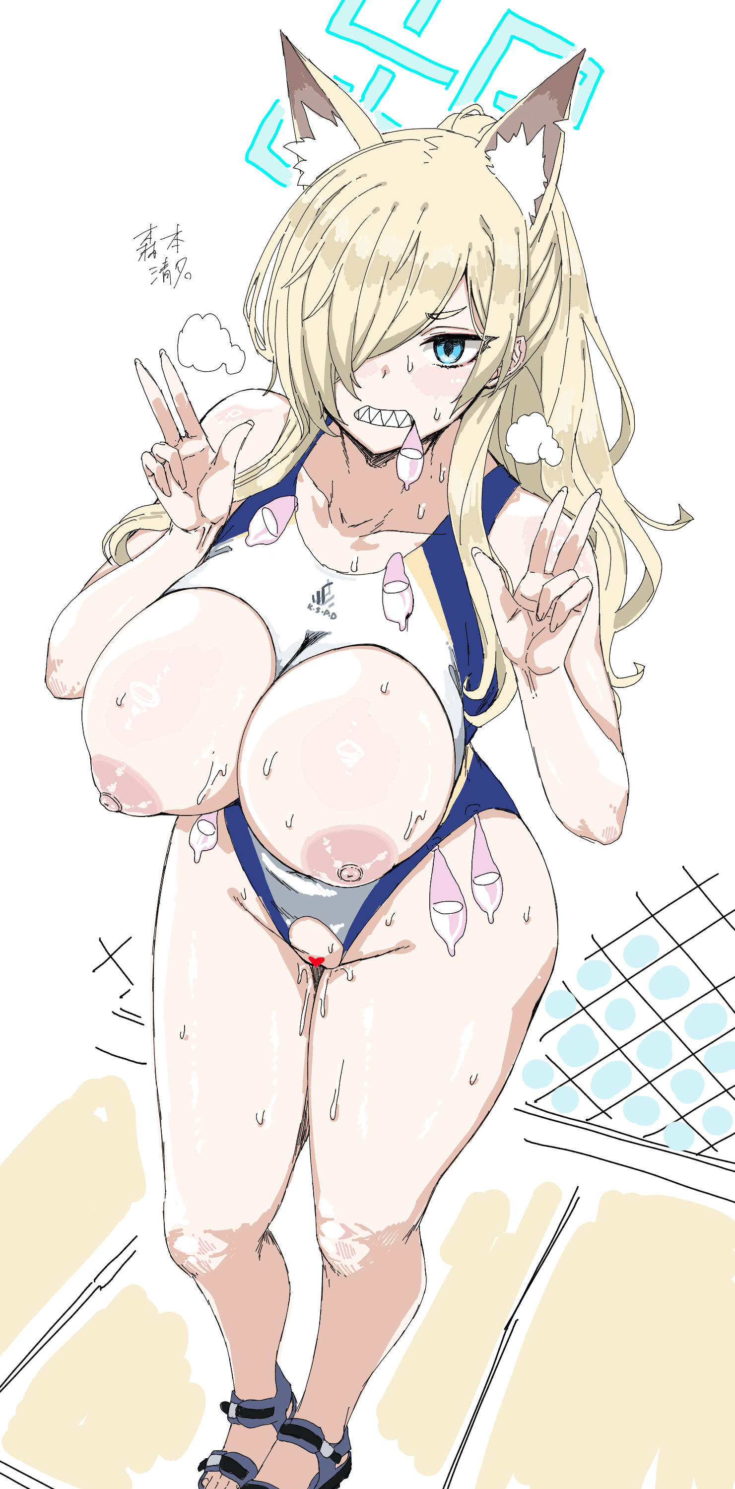 morimoto kiyona, kanna (blue archive), kanna (swimsuit) (blue archive), blue archive, absurdres, commentary request, highres, 1girl, animal ear fluff, animal ears, blonde hair, blue eyes, blue halo, breasts, competition swimsuit, condom, condom in mouth, dog ears, double v, extra ears, hair over one eye, halo, highleg, highleg one-piece swimsuit, large breasts, long hair, mouth hold, notched ear, official alternate costume, one-piece swimsuit, ponytail, solo, swimsuit, used condom, v, white one-piece swimsuit