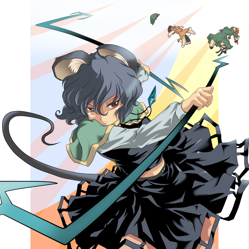 wancozow, chen, kaenbyou rin, nazrin, touhou, bad id, bad pixiv id, 3girls, animal ears, braid, brown hair, cat tail, dress, female focus, grey hair, hair ribbon, hat, jewelry, mouse ears, mouse tail, multiple girls, multiple tails, pendant, pinky out, red eyes, red hair, ribbon, short hair, skirt, tail, twin braids, twintails